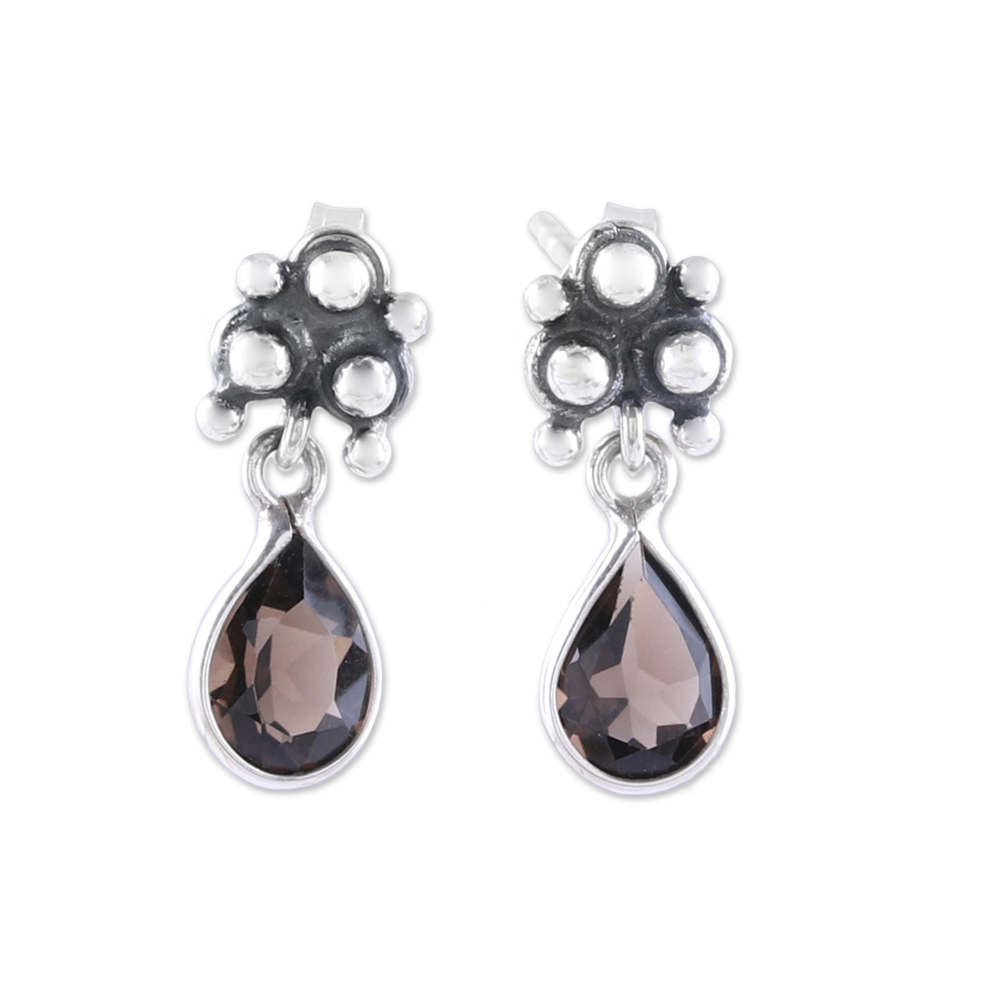 Premium Trinity Glitter Dangle Earrings with Smoky Quartz - Sterling Silver Elegance