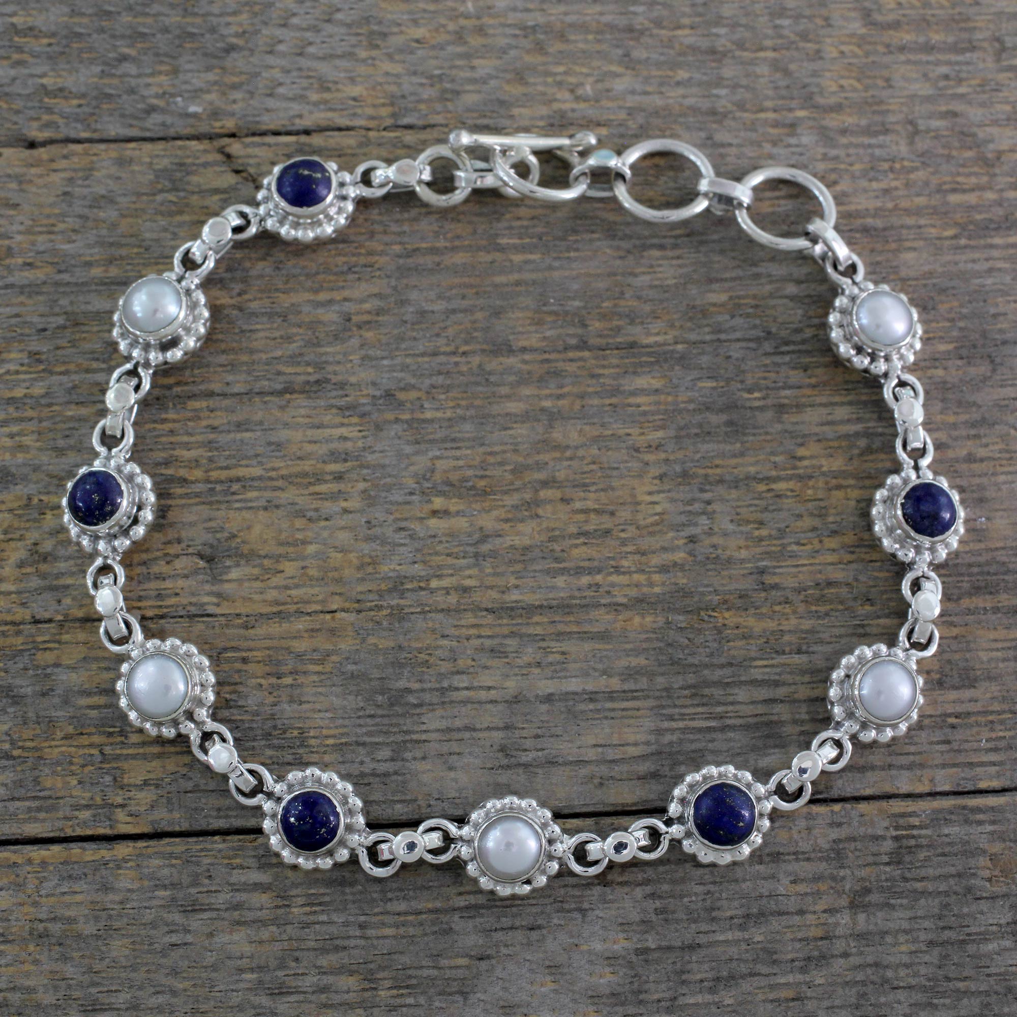 Premium Petite Floral Bracelet with Cultured Pearls & Lapis Lazuli – Sterling Silver