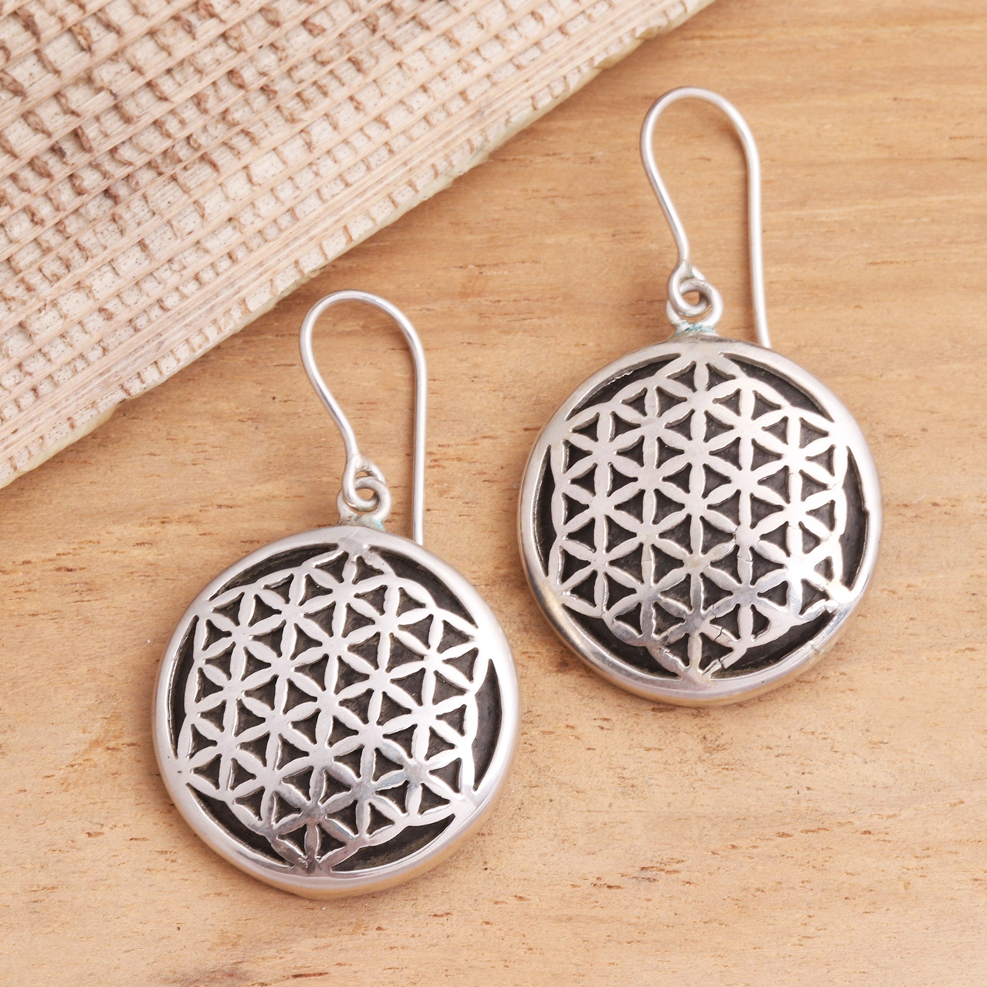 Premium Flower of Life Sterling Silver & Arang Wood Dangle Earrings