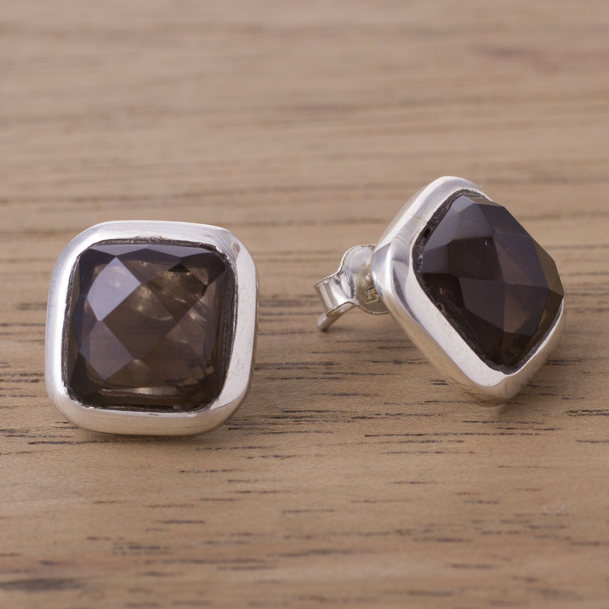 Premium Square Smoky Quartz Button Earrings - Handcrafted in Peru