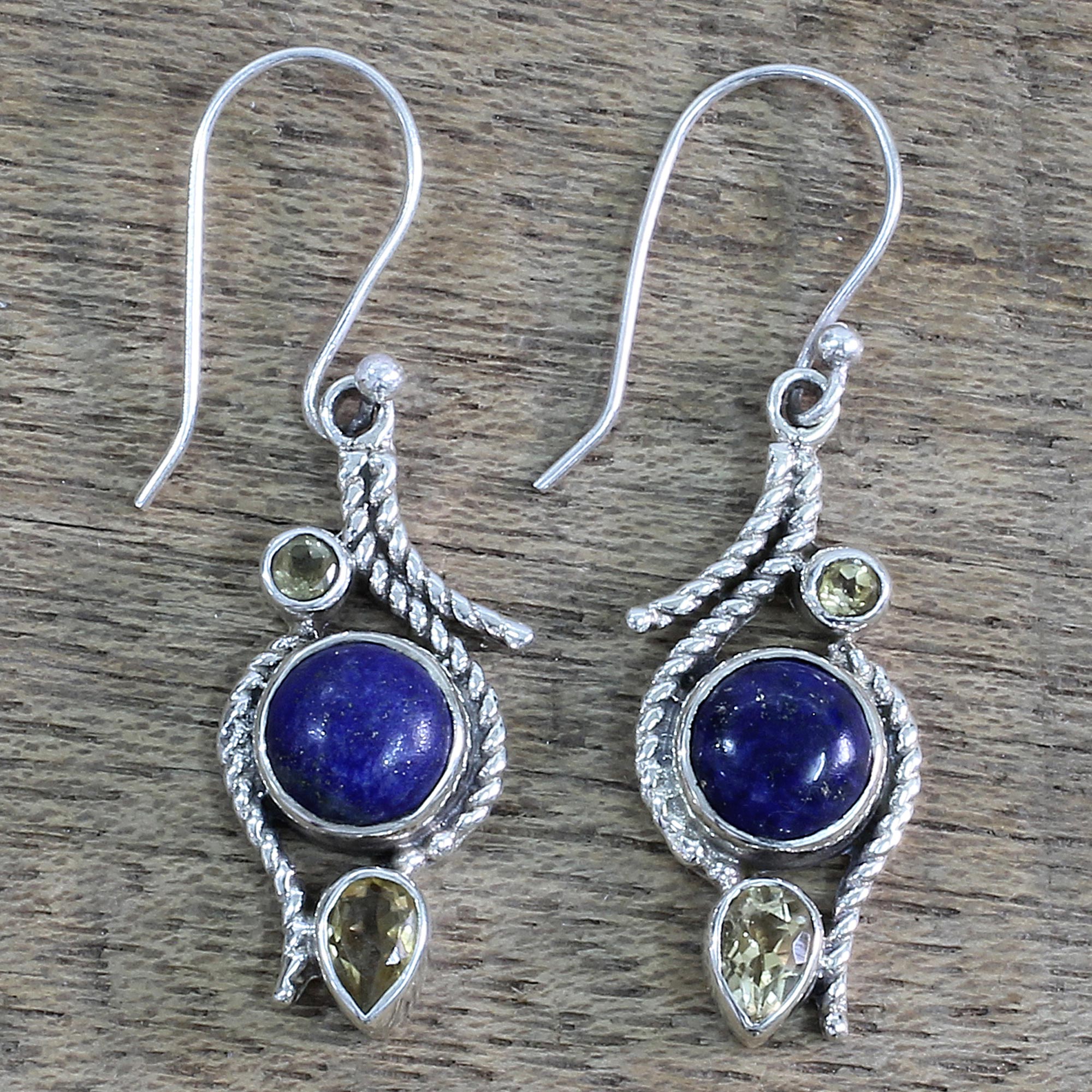 Premium Starry Bliss Lapis Lazuli & Citrine Sterling Silver Dangle Earrings - Handcrafted in India