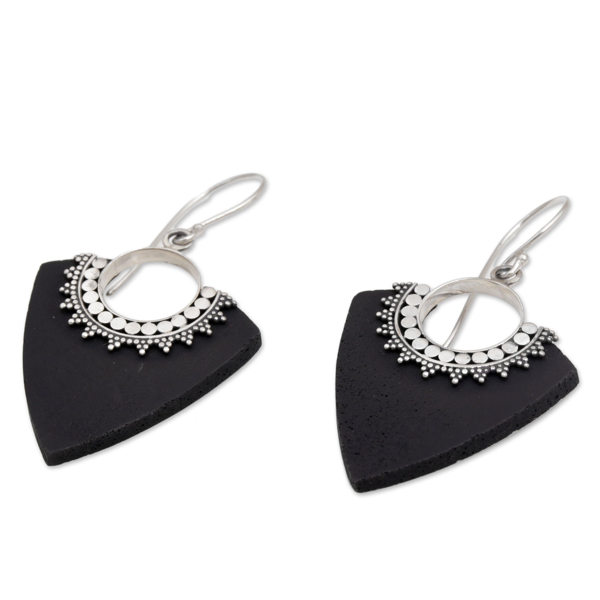 Premium Bali Handcrafted Dotted Arrows Earrings - Sterling Silver & Lava Stone