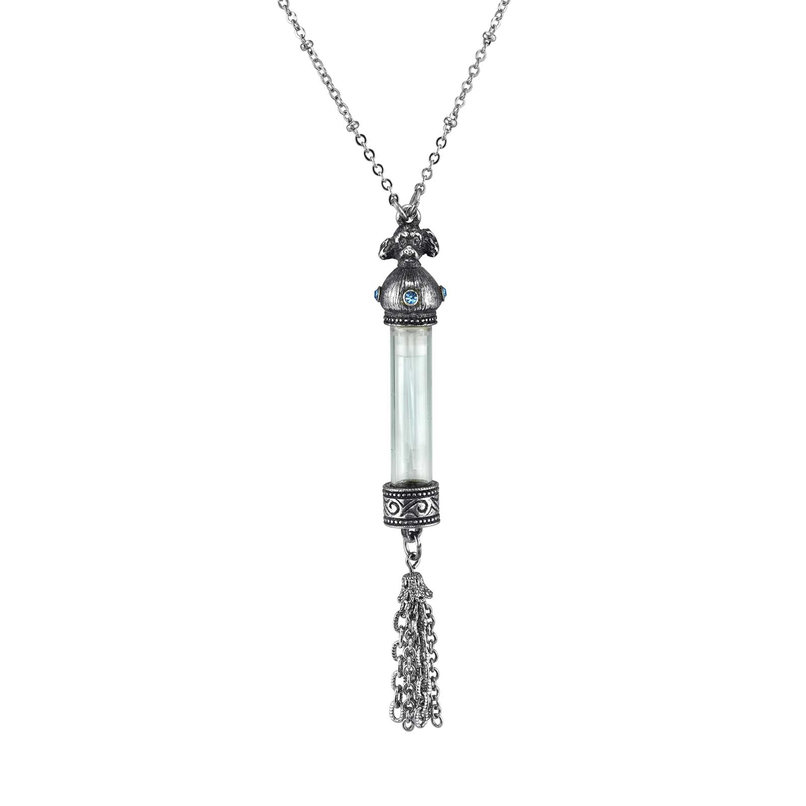 Premium 1928 Jewelry® Pewter Blue Crystal Dog Vial Necklace with Tassel - 30In Vintage Style