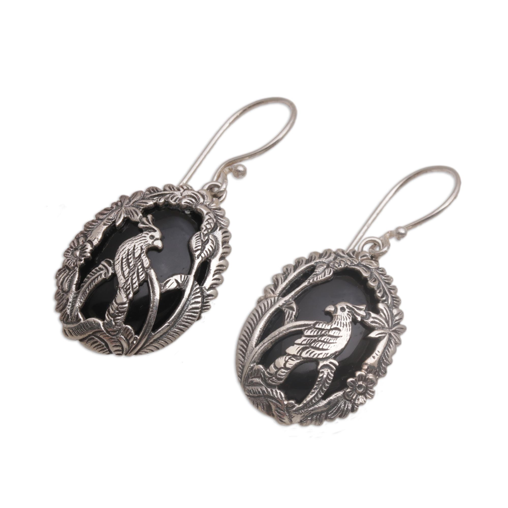 Premium Bali Cockatoo Dangle Earrings - Sterling Silver & Onyx Elegance