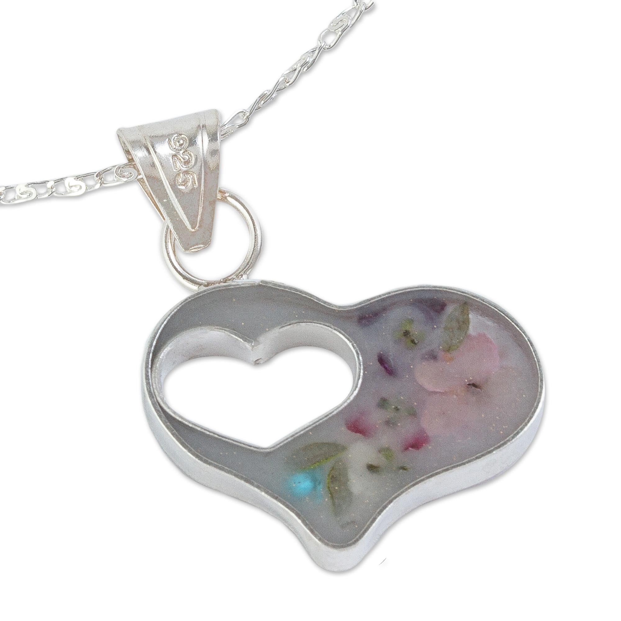 Premium Double Heart Flower Resin Pendant Necklace in Sterling Silver