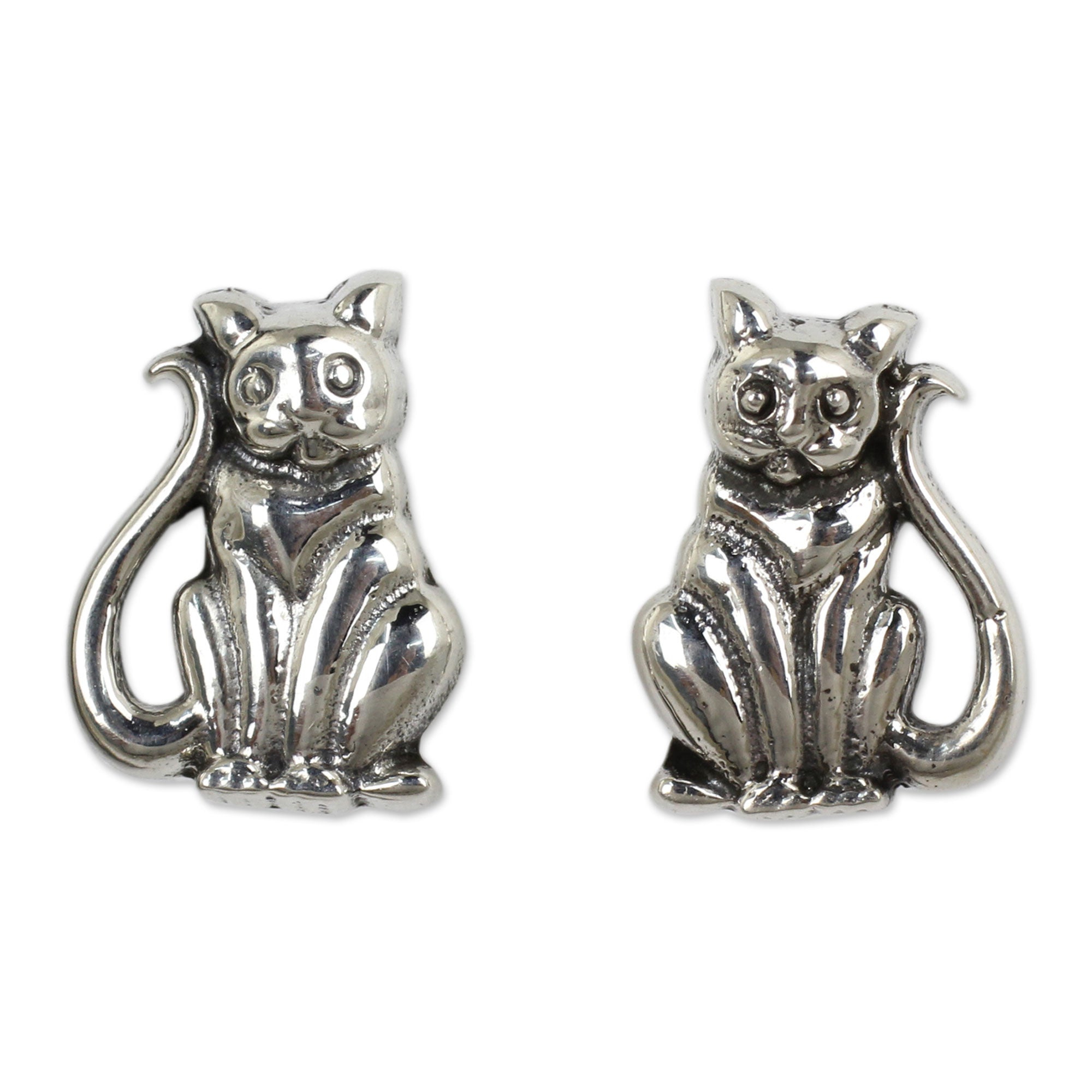 Premium Silver Cat Button Earrings - Handmade Fair Trade