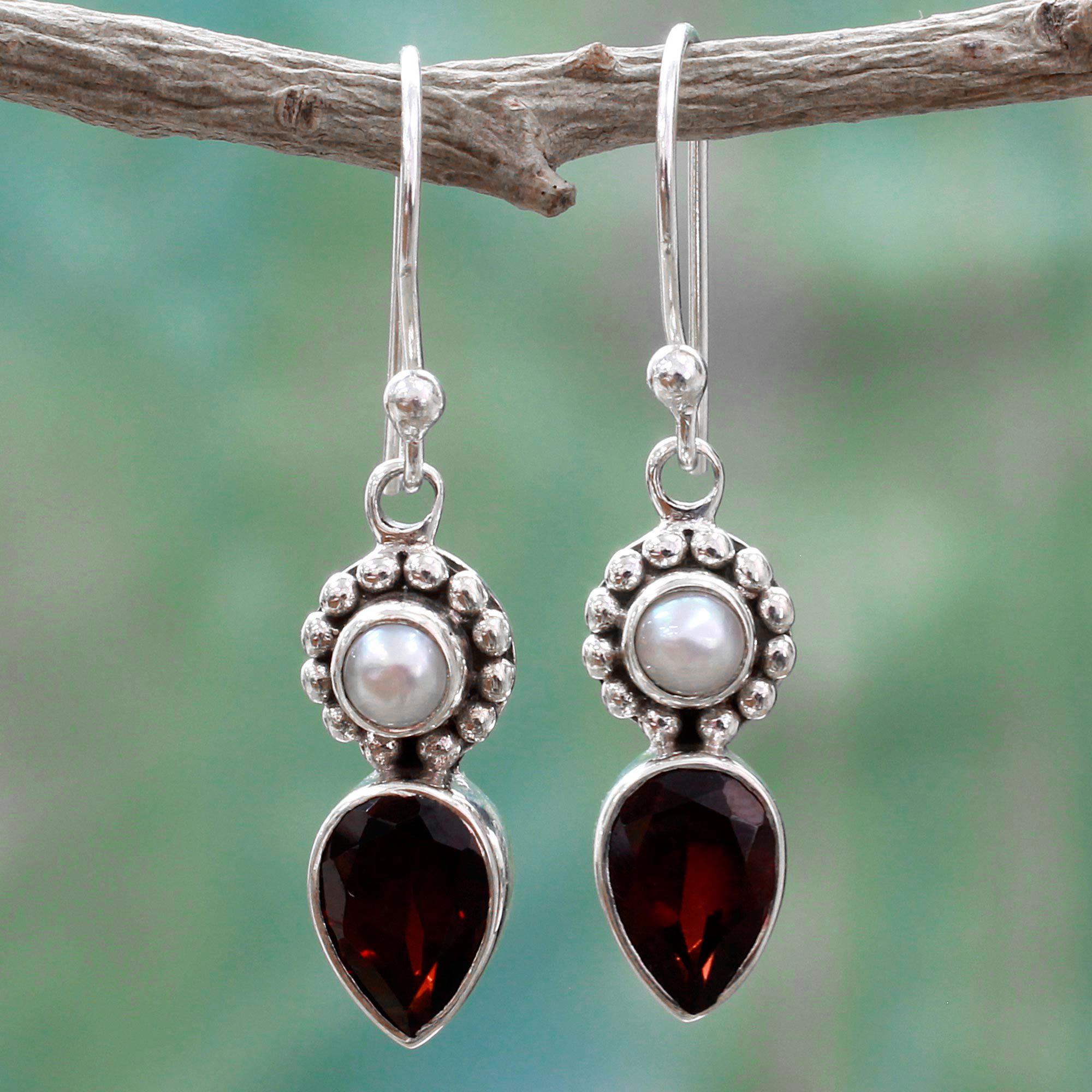 Premium Garnet & Pearl Tear Dangle Earrings - Mughal Inspired Elegance