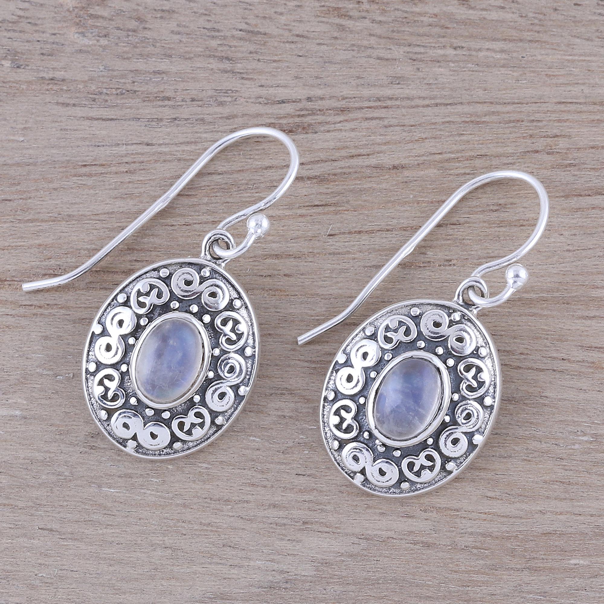 Premium Swirling Ellipse Moonstone Dangle Earrings – Handcrafted in India