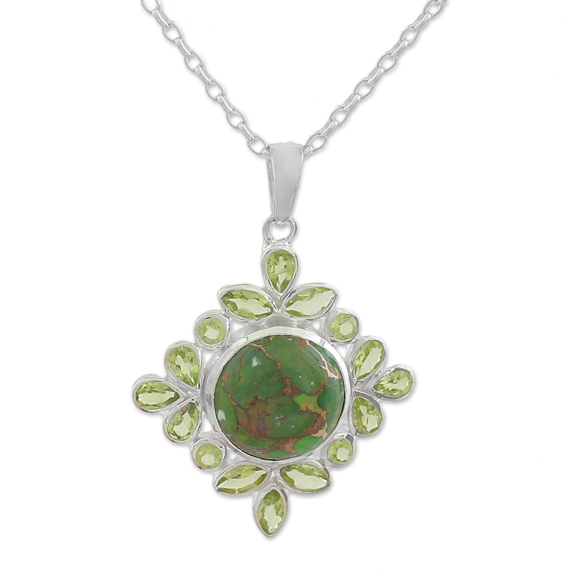 Premium Green Turquoise & Peridot Pendant Necklace - Handcrafted Sterling Silver Jewelry