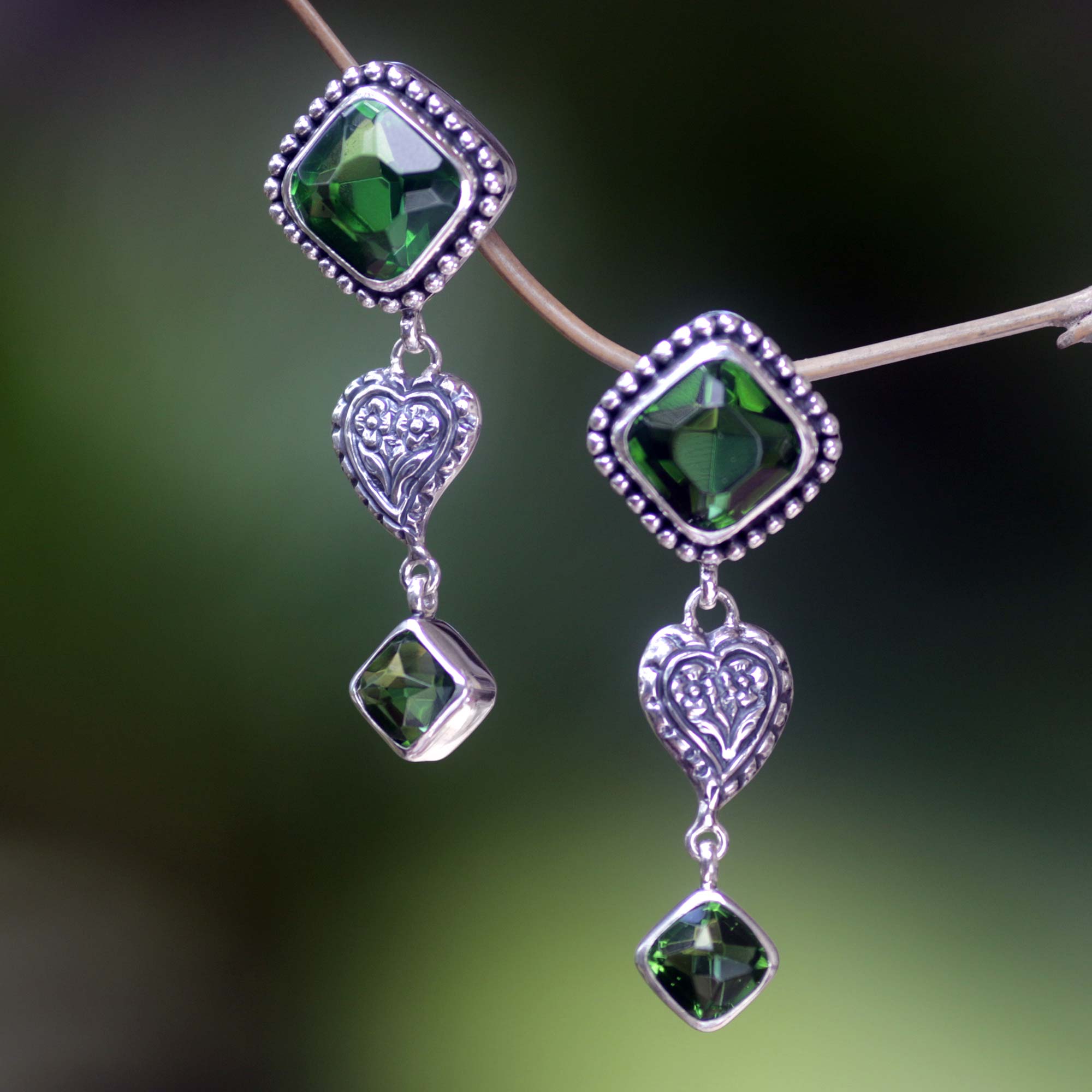 Premium Sterling Silver Heart Drop Earrings with Green Glass Accents