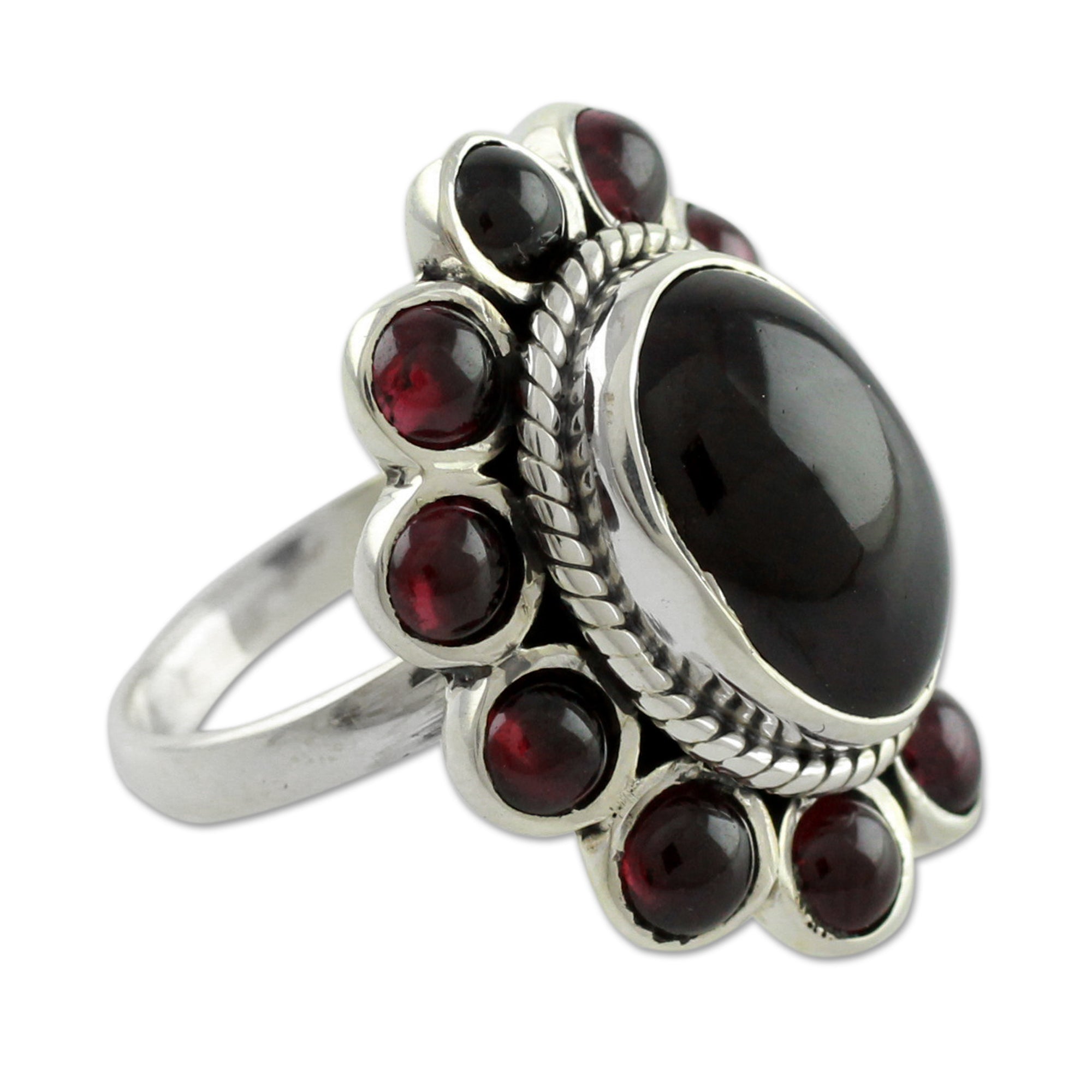 Premium Scarlet Petals Floral Ring - Sterling Silver & Garnet