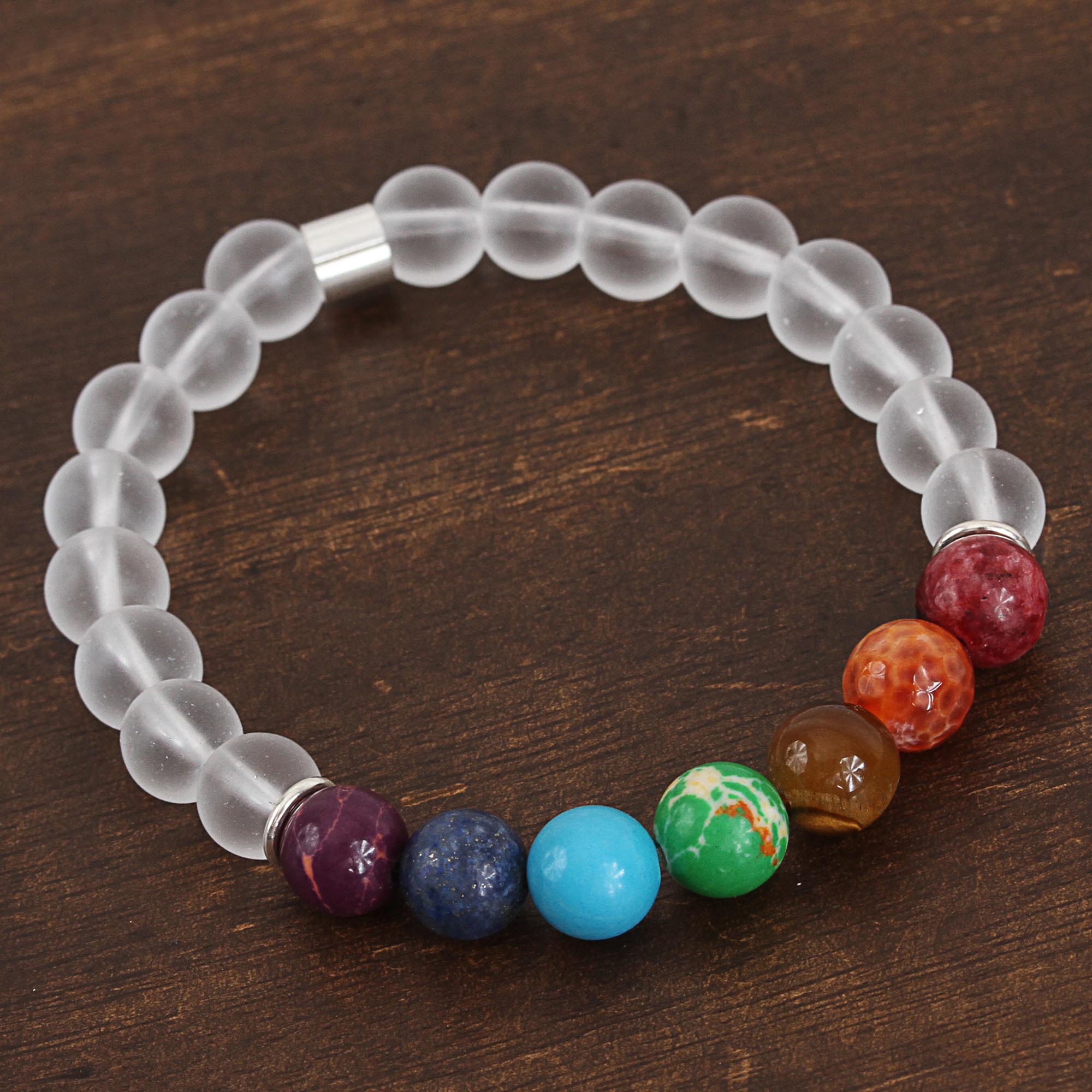 Premium Seven Chakras Bracelet in White Agate & Tiger's Eye - Handcrafted in Mexico