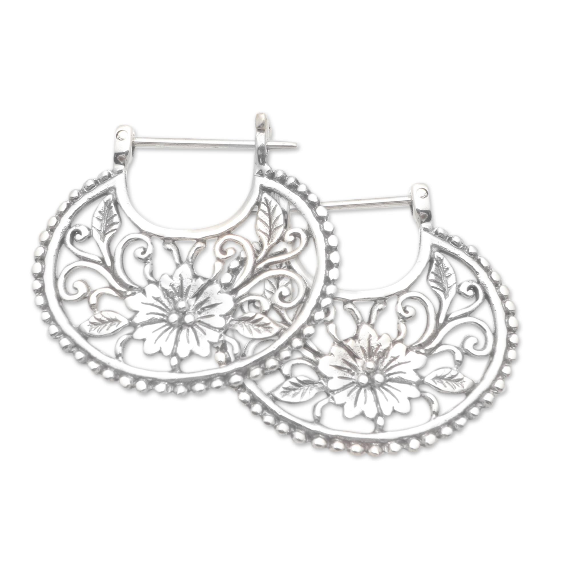 Premium Balinese Sterling Silver Hoop Earrings - Floral Curves Design