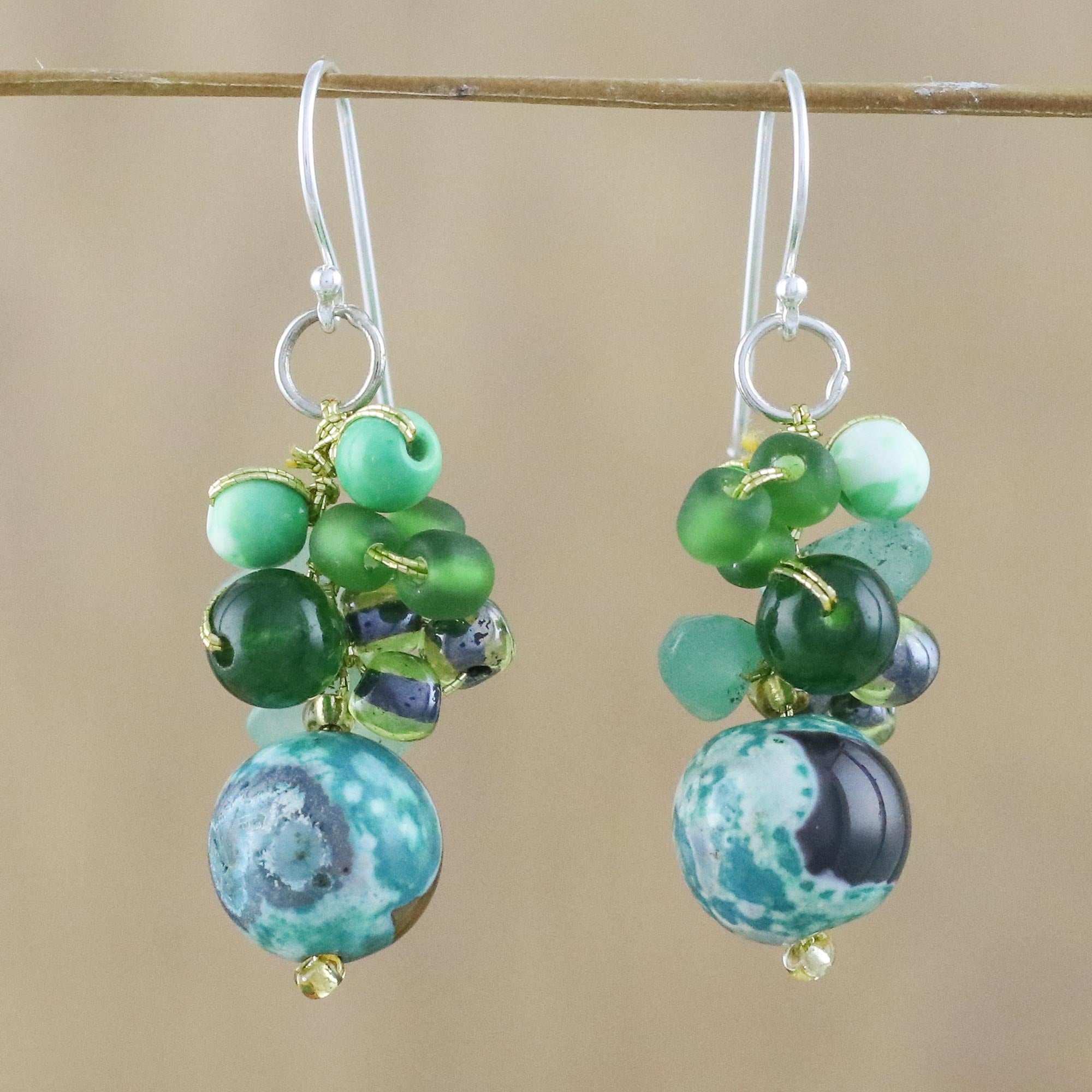 Premium Green Quartz and Glass Bead Dangle Earrings - Handcrafted in Thailand