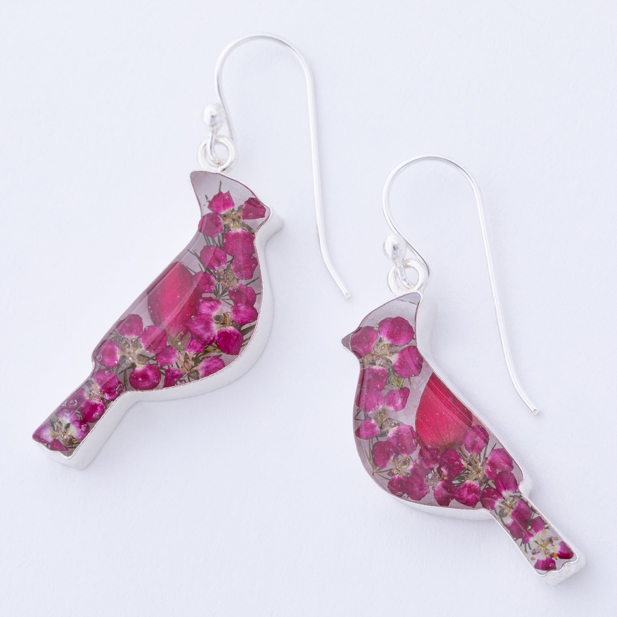 Premium Sterling Silver & Real Flower Cardinal Earrings