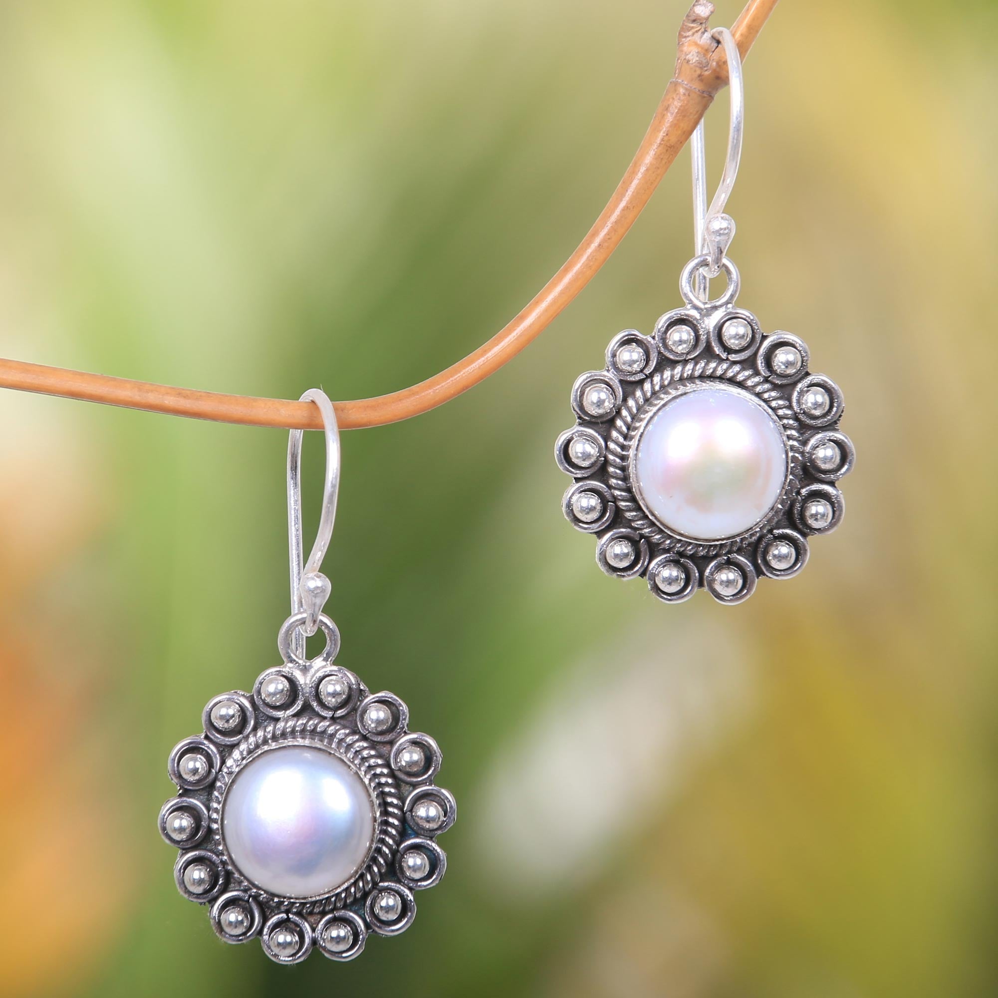 Premium Hand-Crafted Sun Shaped Pearl Earrings in Sterling Silver