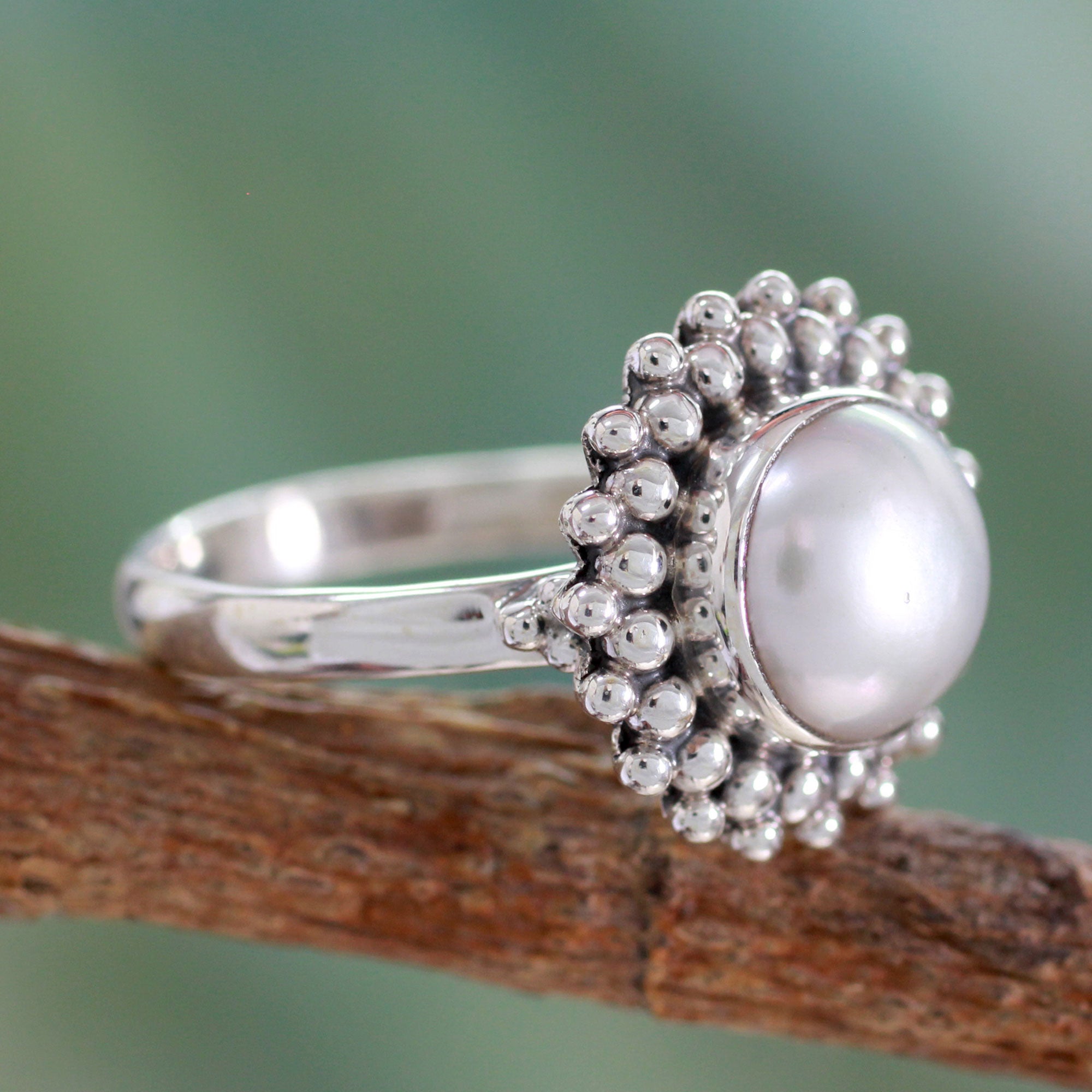 Premium Kolkata Halo Artisan Sterling Silver Pearl Ring - Handcrafted Elegance