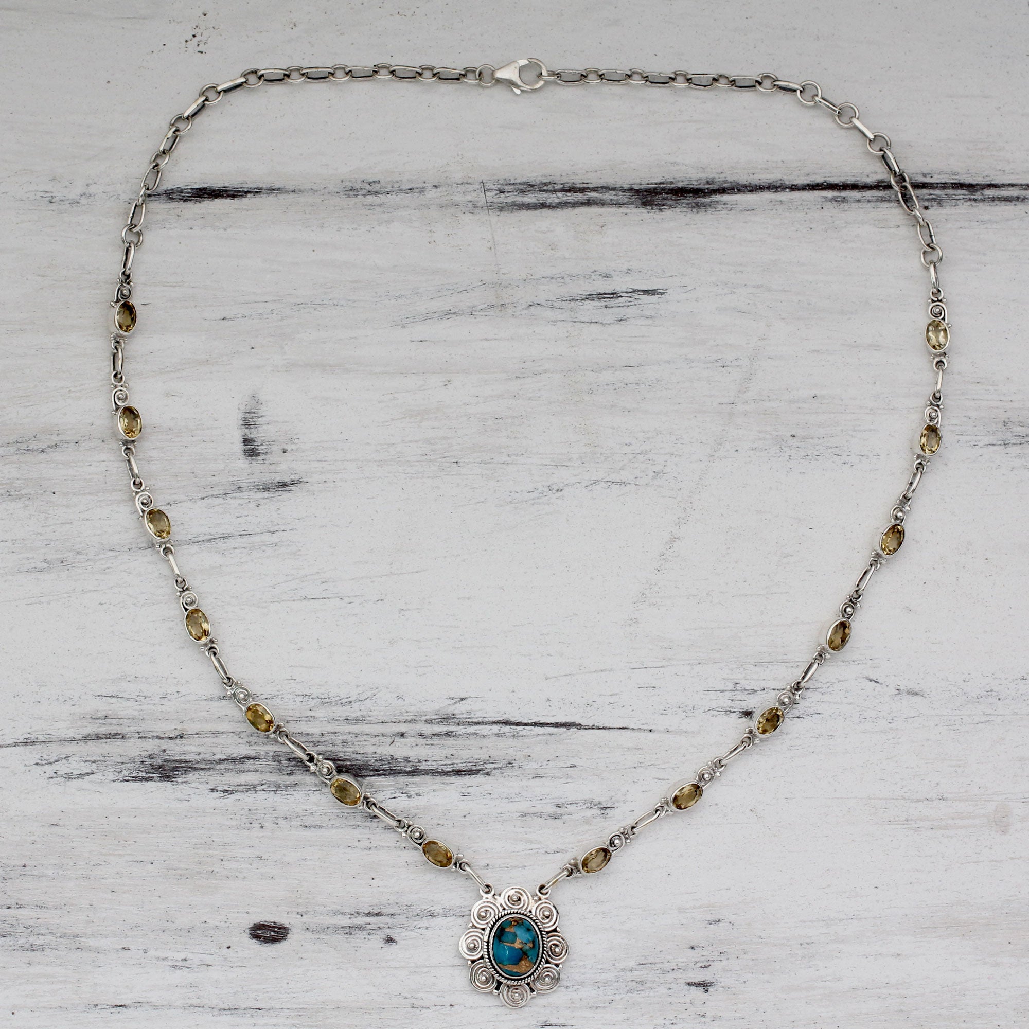 Premium Golden Sky Halo Necklace - India Sterling Silver with 14ct Citrine & Composite Turquoise