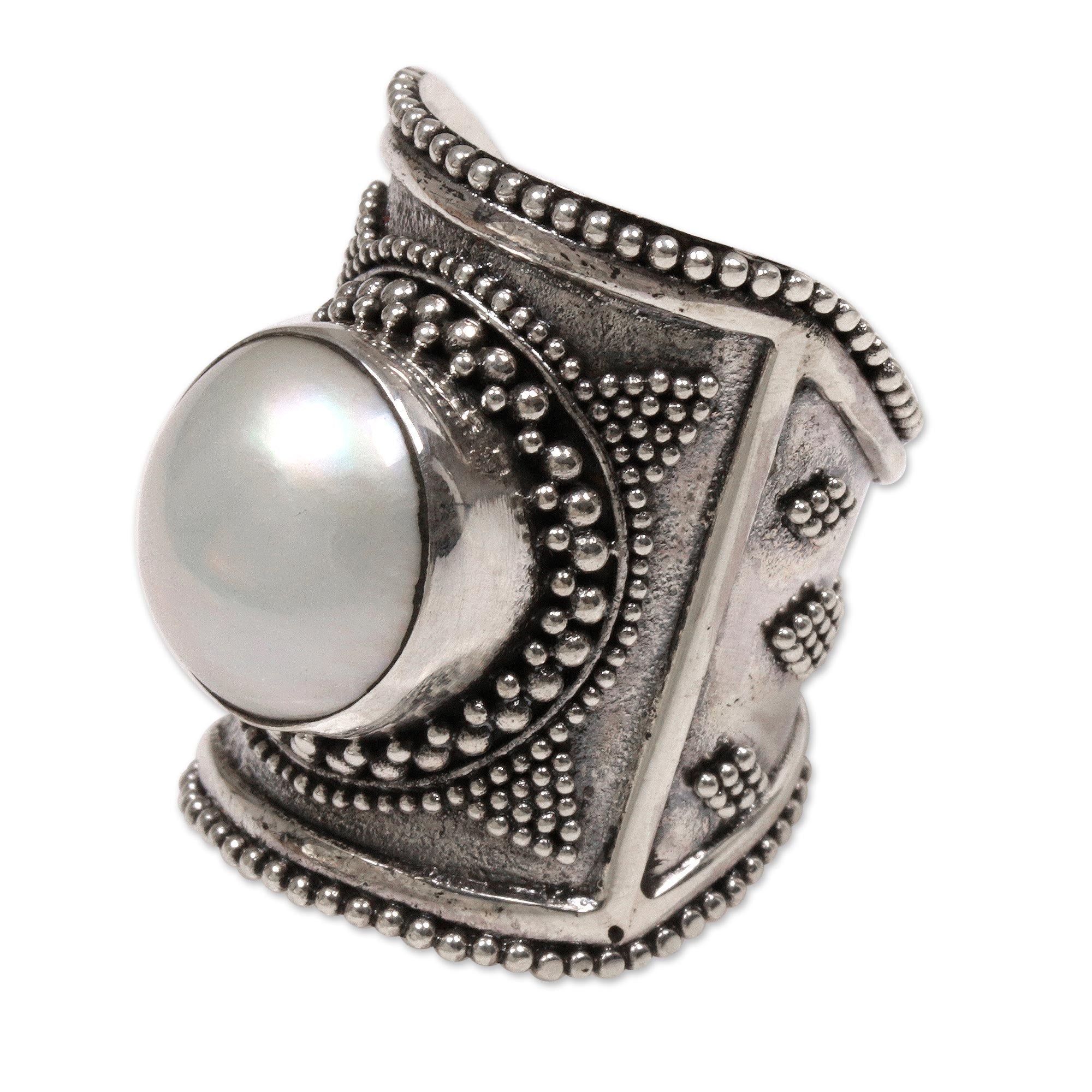 Premium Glowing Heroine Sterling Silver & Cultured Mabe Pearl Ring - Bali Handcrafted Jewelry