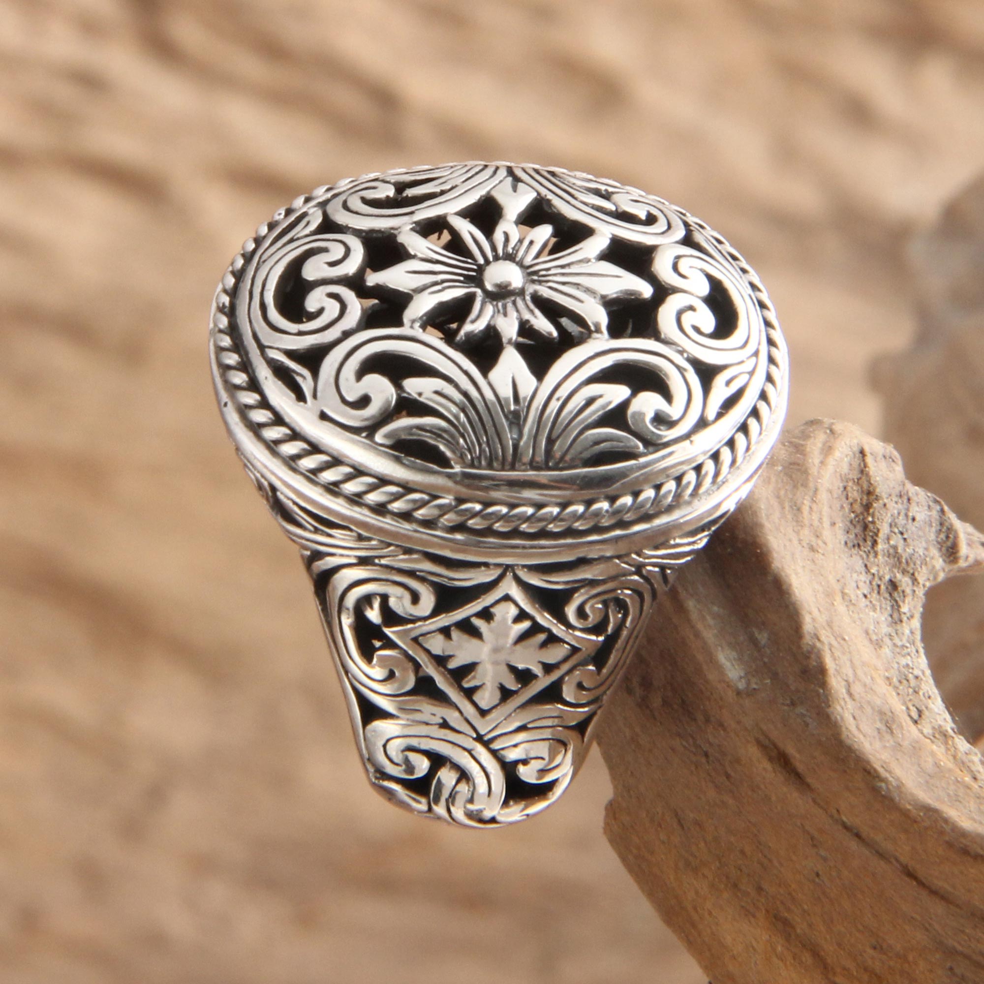 Premium Forest Blossom Silver Floral Signet Ring