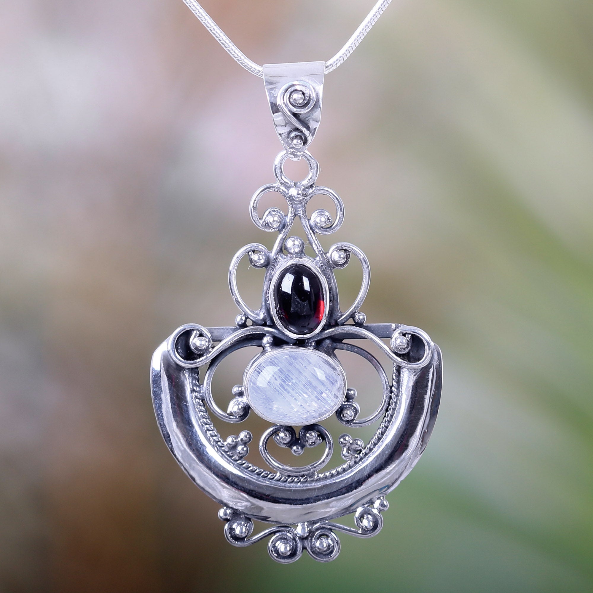 Premium Arabesque Rainbow Moonstone & Garnet Necklace