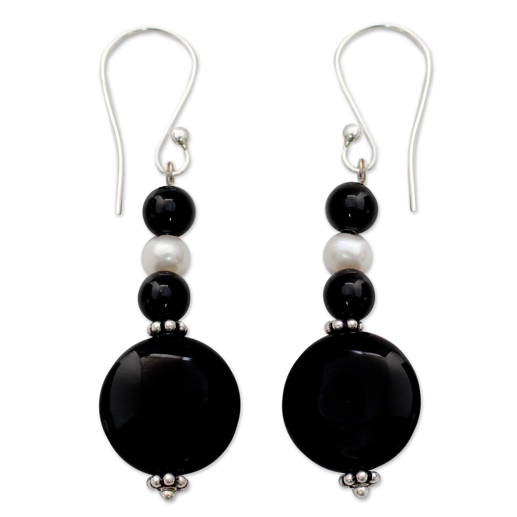 Premium Midnight Kisses Onyx Pearl & Silver Earrings - Handmade Elegance