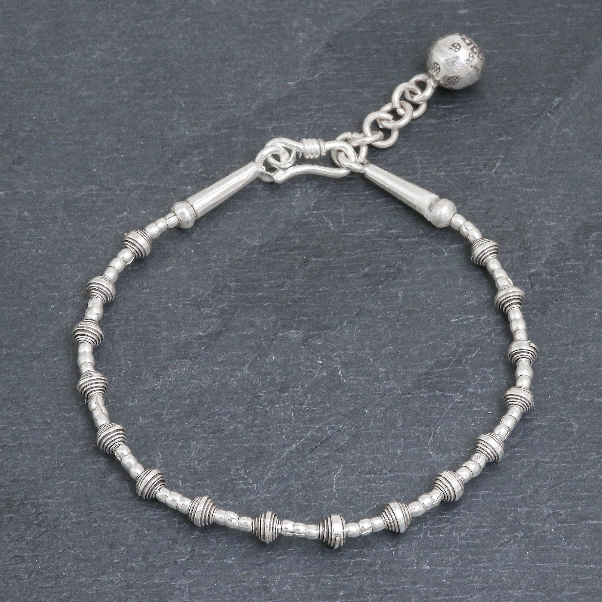 Premium Karen Silver Flower Ball Bracelet with Adjustable Chain – Handcrafted in Thailand