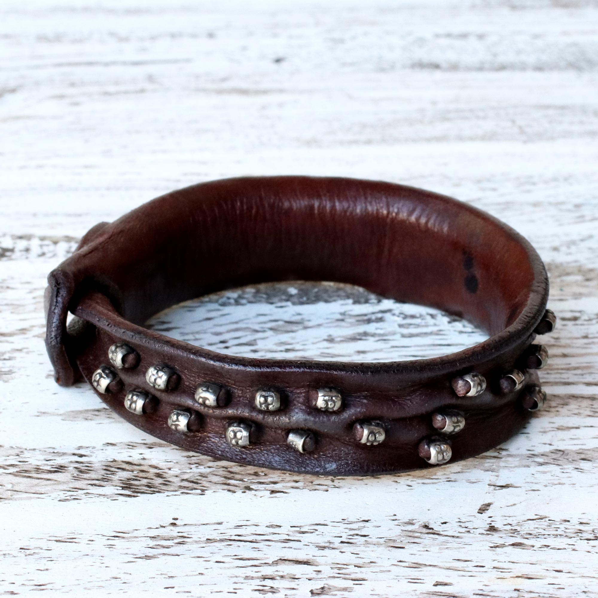 Premium Mountain Rock Leather Bracelet with Karen Hill Tribe Silver Accents