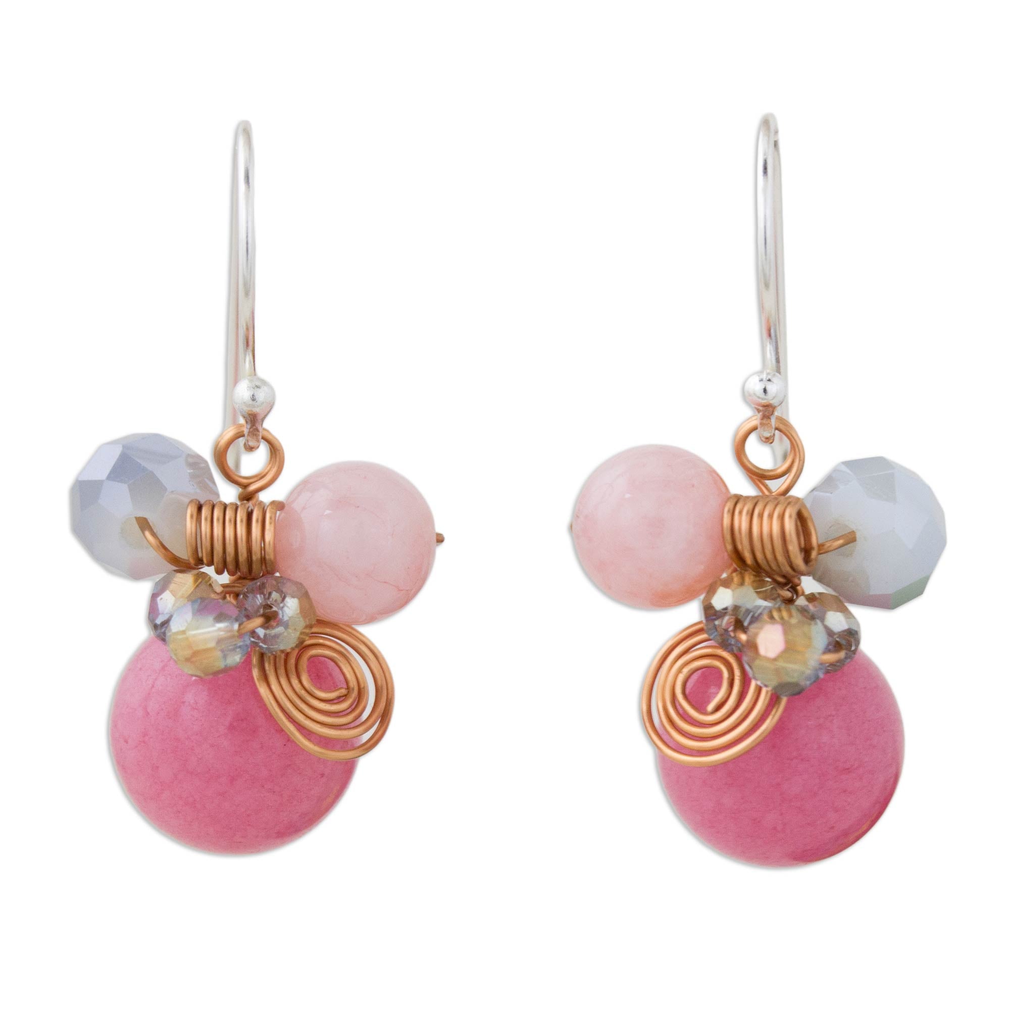 Premium Pink Bubbles Quartz & Glass Bead Dangle Earrings with Copper Accents