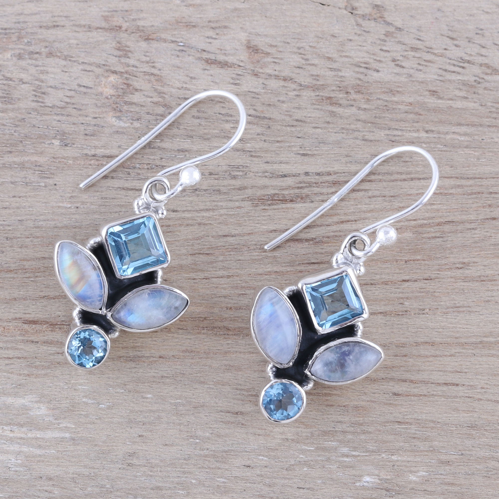 Premium Glitzy Blue Topaz & Rainbow Moonstone Dangle Earrings - Handcrafted in India