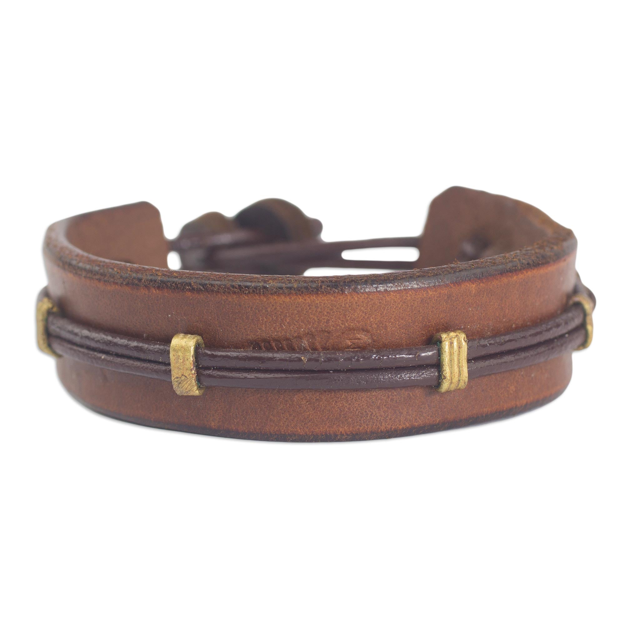 Premium Handcrafted Leather Wristband Bracelet for Men - Brown with Brass Accents