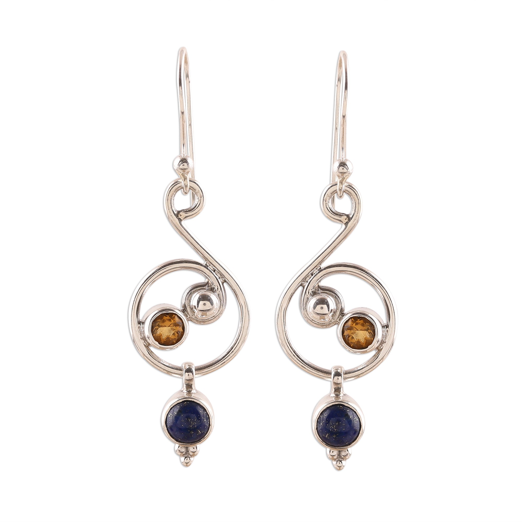 Premium Swirling Royal Lapis Lazuli & Citrine Dangle Earrings - Handcrafted in India