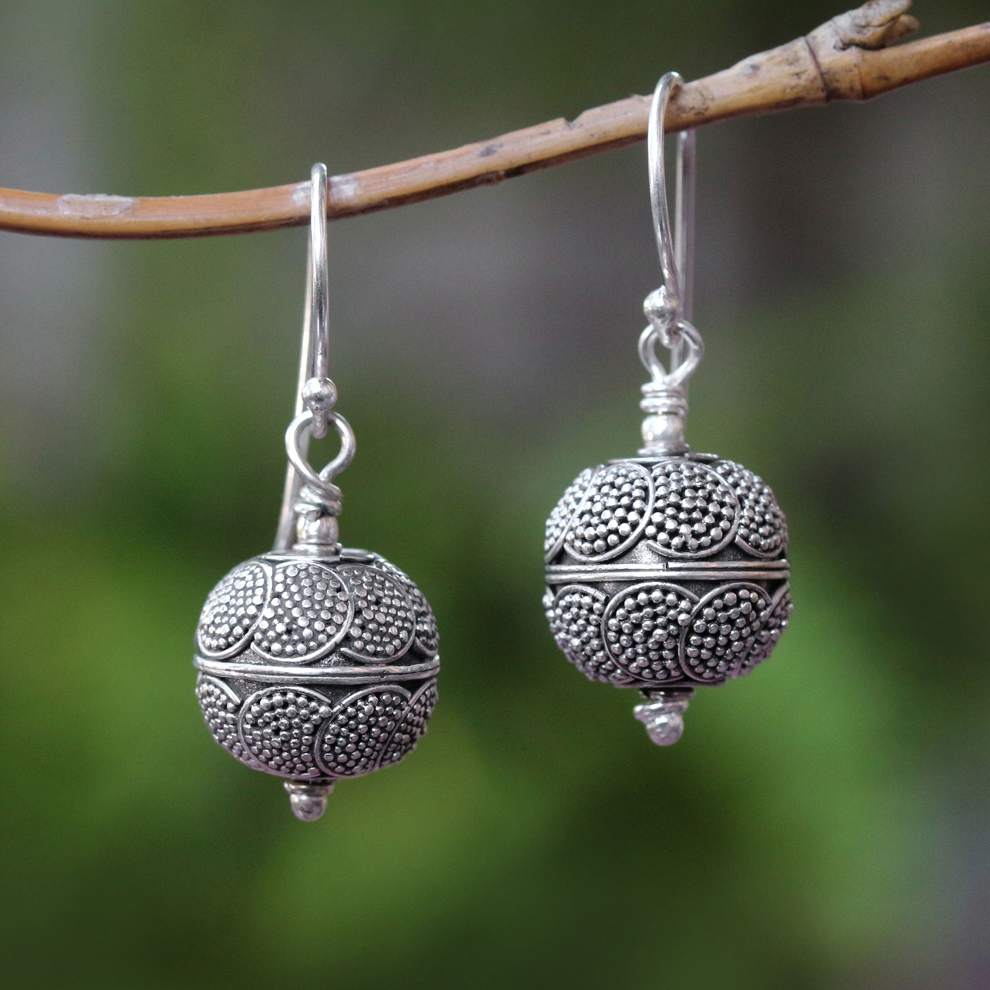 Premium Sterling Silver Bali Dangle Earrings - Sky Lantern Dot Motif