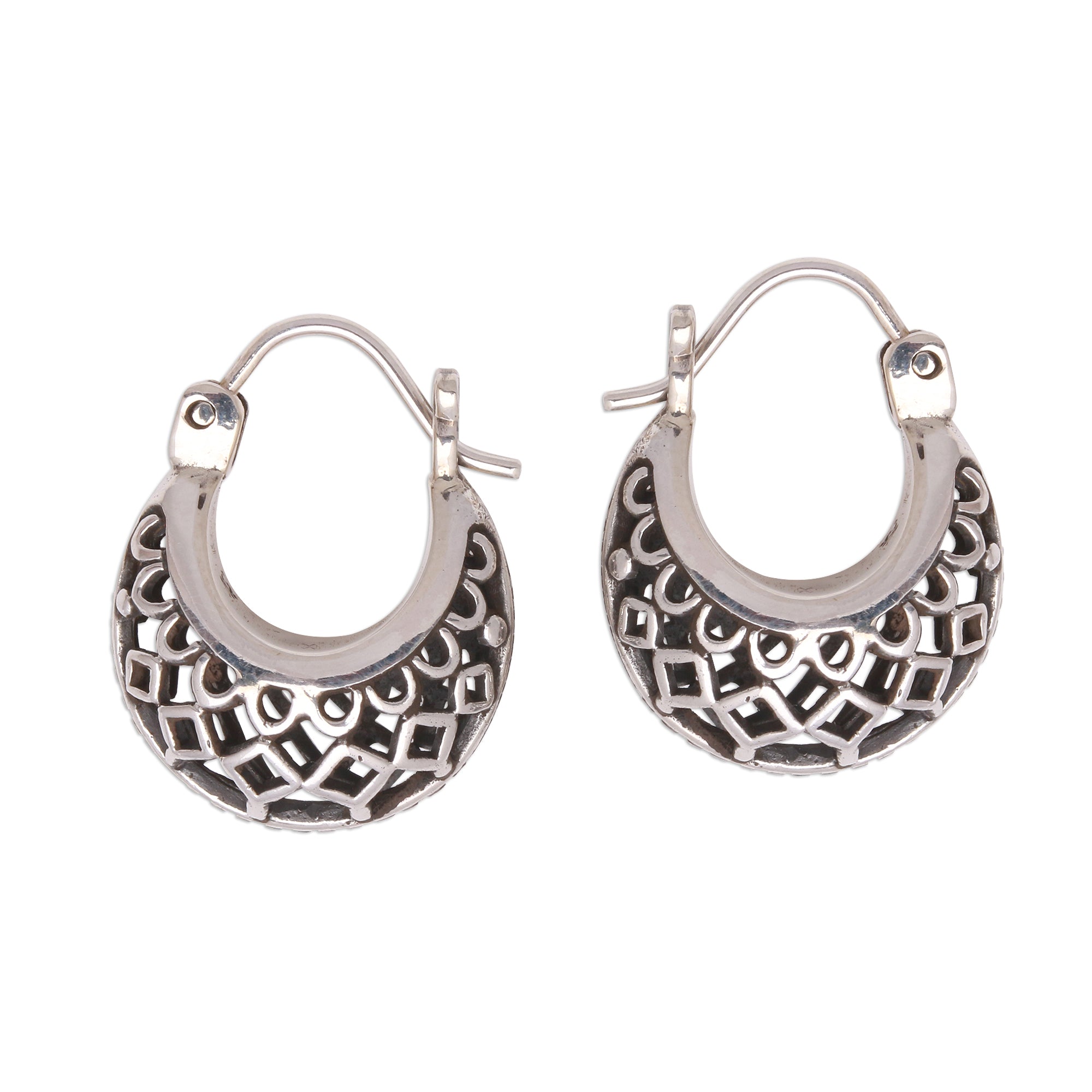 Premium Curved Elegance Openwork Sterling Silver Hoop Earrings - Handcrafted in Bali