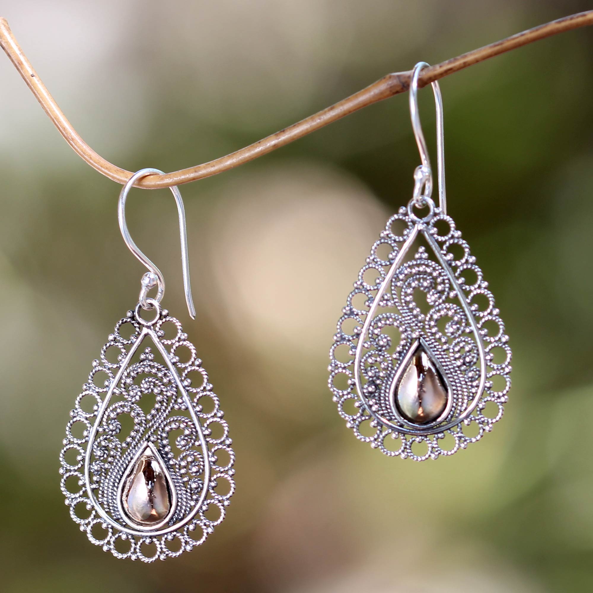 Premium Silver Lace Earrings with 18k Gold Accent