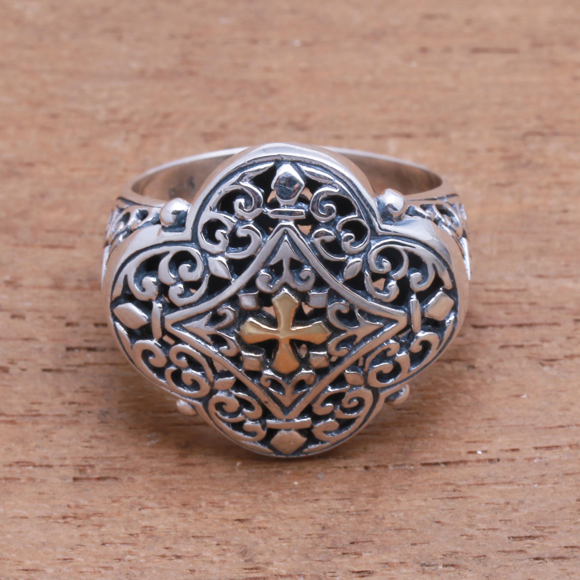 Premium Cross-Themed Sterling Silver Ring with 18K Gold Accent