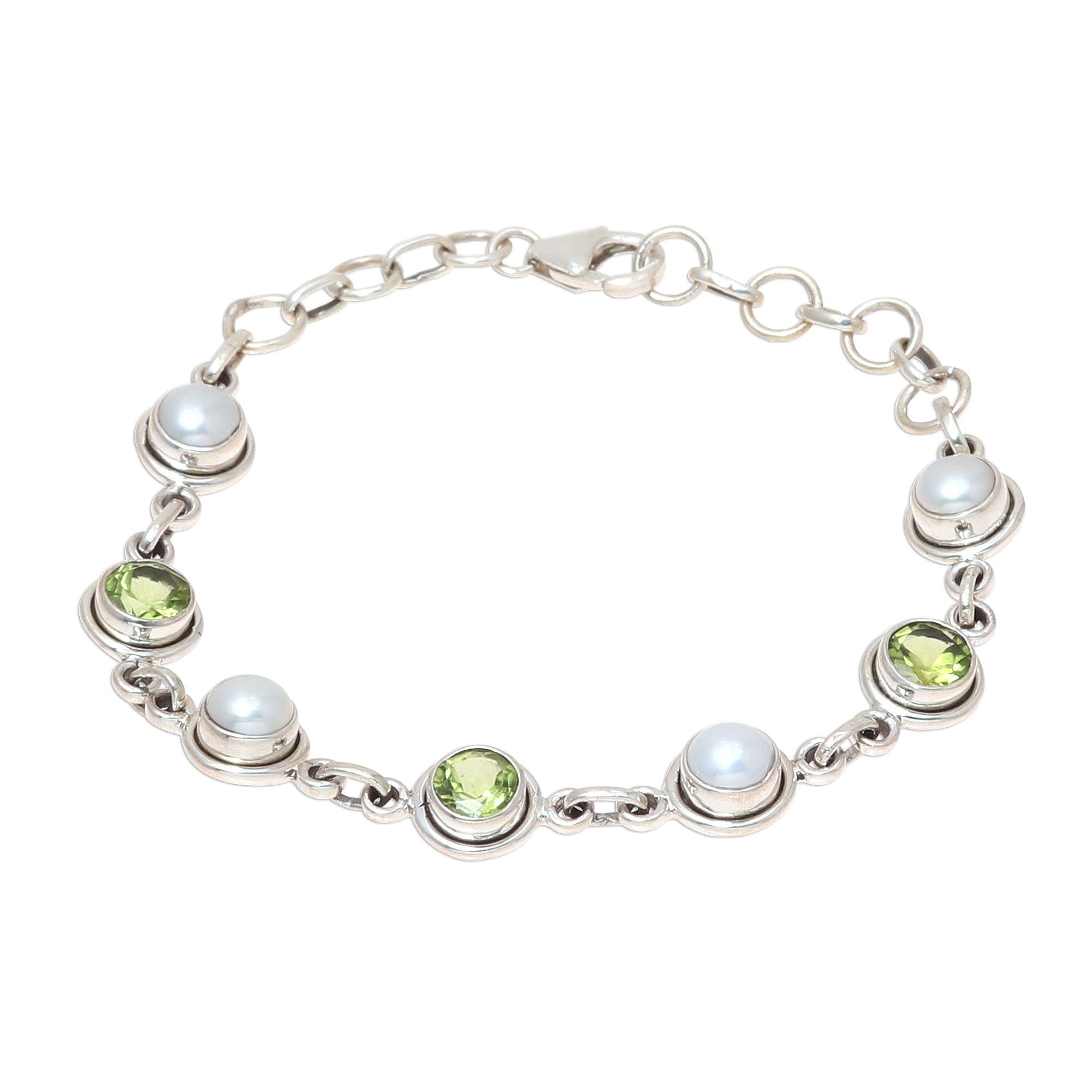 Premium Sterling Silver Peridot & Pearl Bracelet – Handcrafted Elegance from India