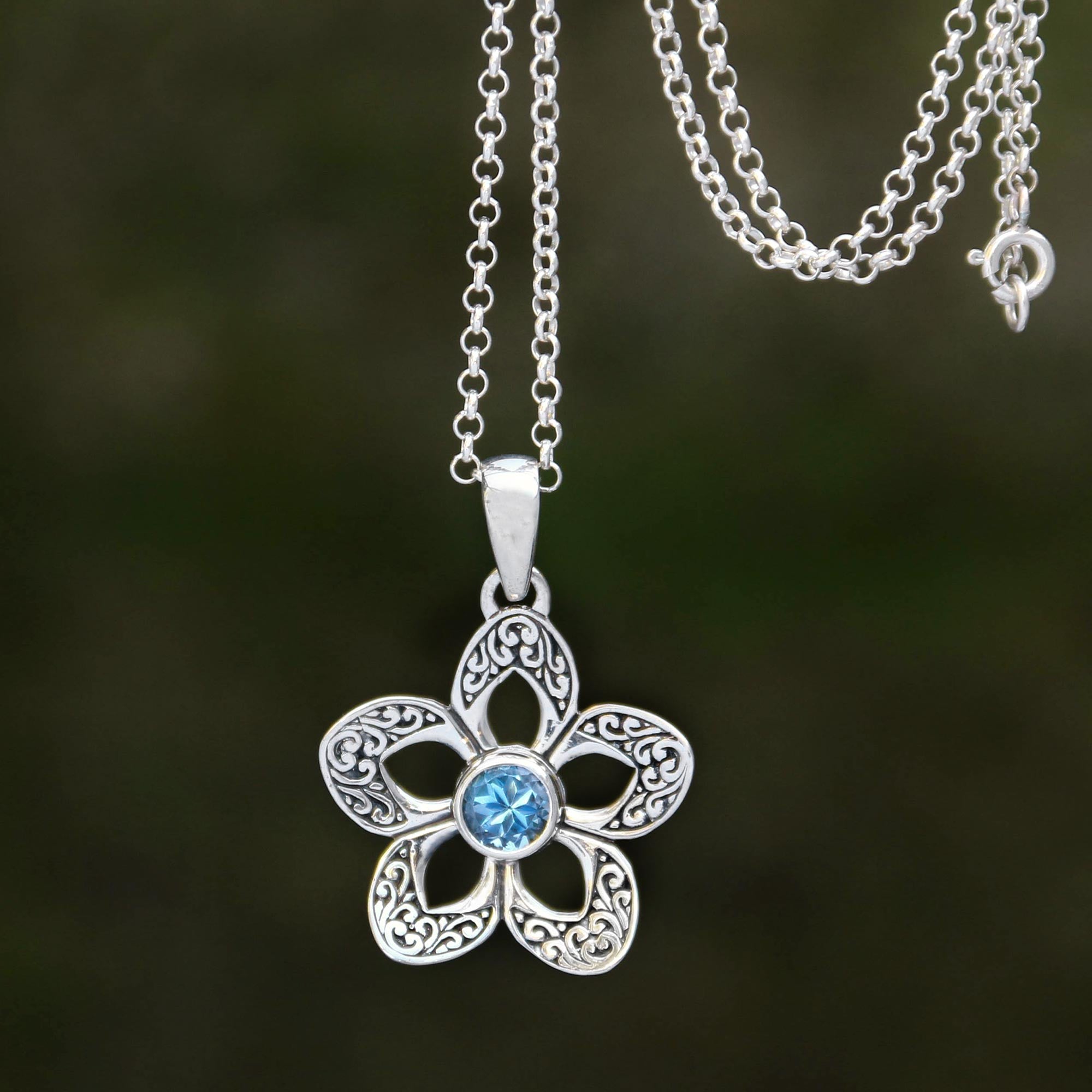 Premium Sekar Langit Floral Blue Topaz Pendant Necklace – Handcrafted in Bali