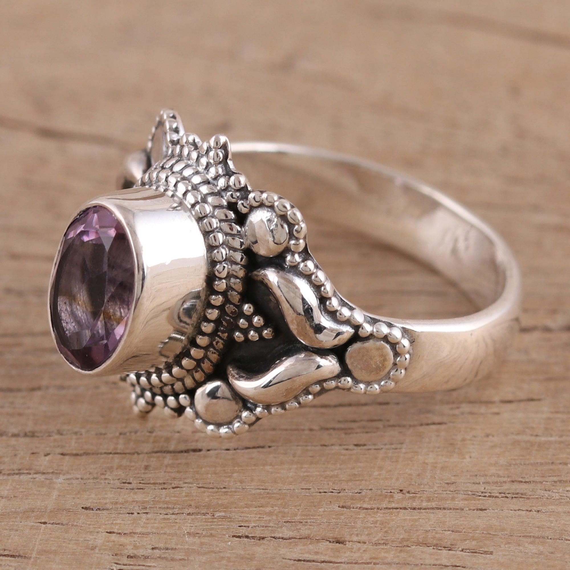 Premium Ethereal Tendrils Oval Amethyst Sterling Silver Cocktail Ring - Handcrafted in India