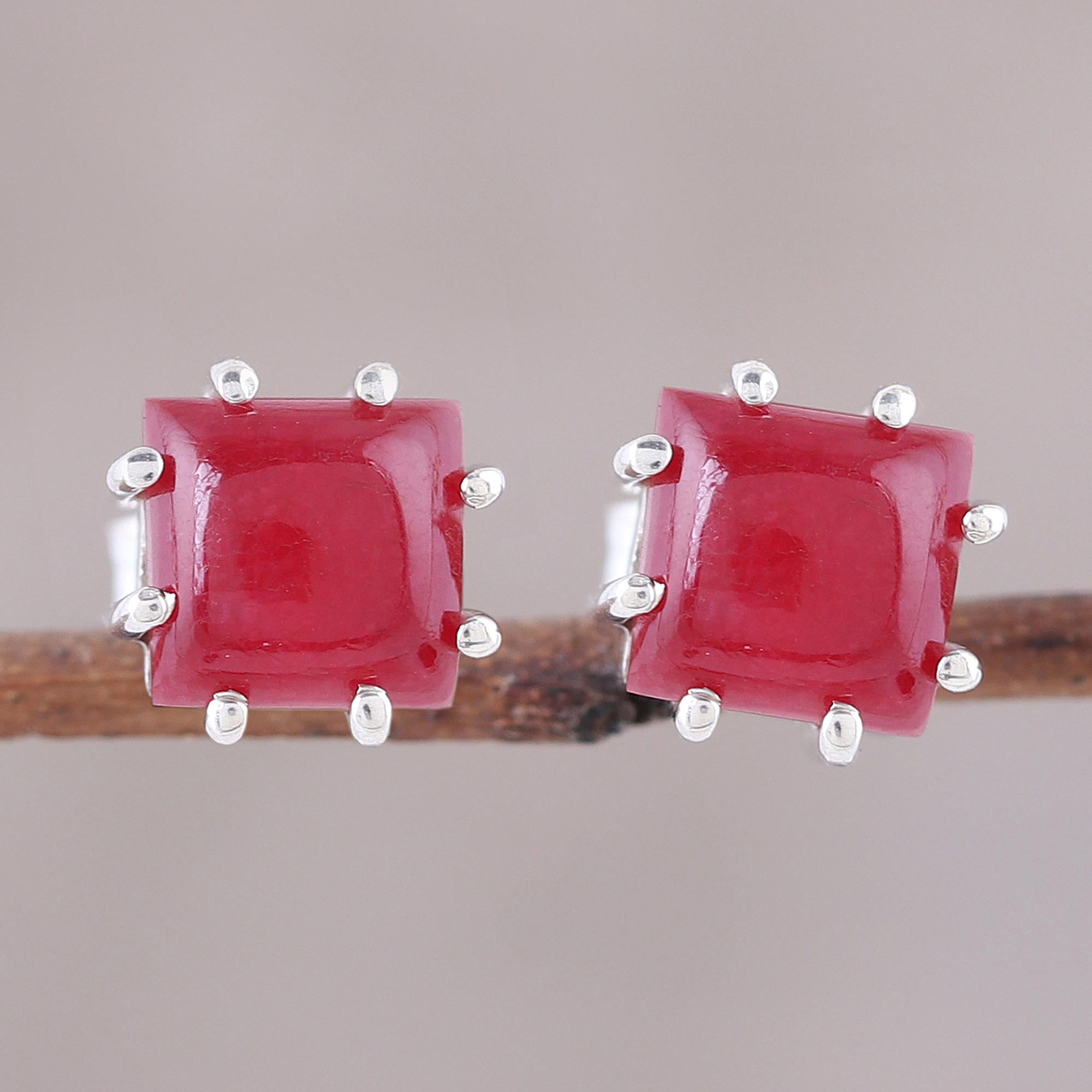 Premium Red Jasper Sterling Silver Button Earrings – Handcrafted in India