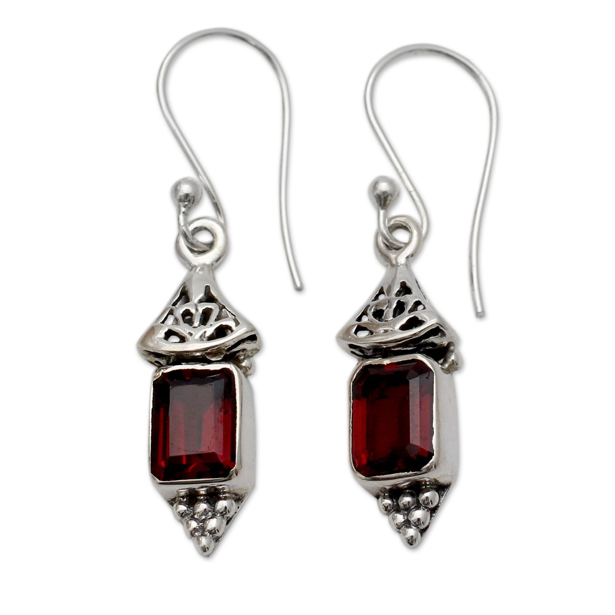 Premium Red Lantern Garnet & Silver Dangle Earrings - Handcrafted Elegance