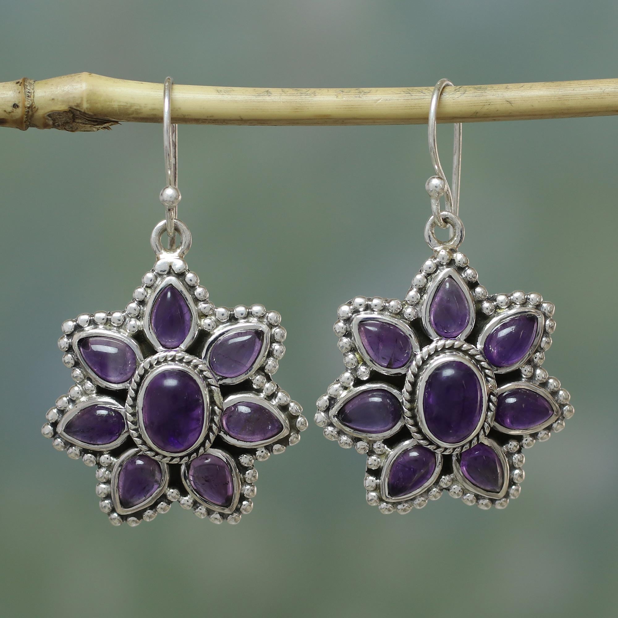 Premium Amethyst Blossom Sterling Silver Dangle Earrings | Unique Floral Design