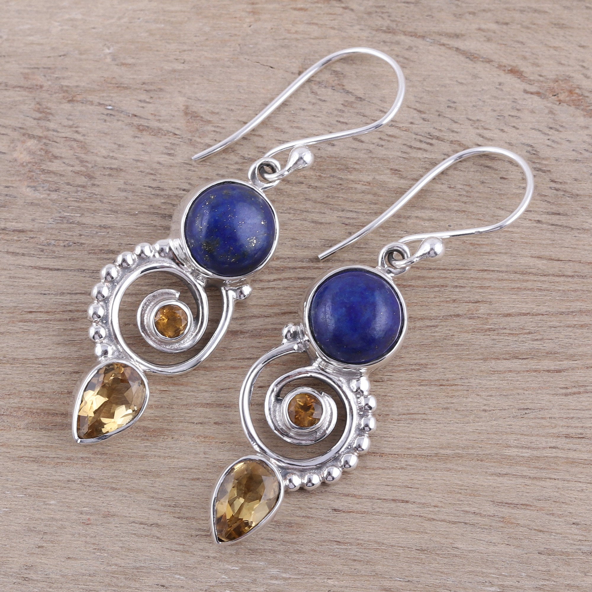 Premium Handcrafted Citrine & Lapis Lazuli Spiral Earrings - Indian Artisan Jewelry