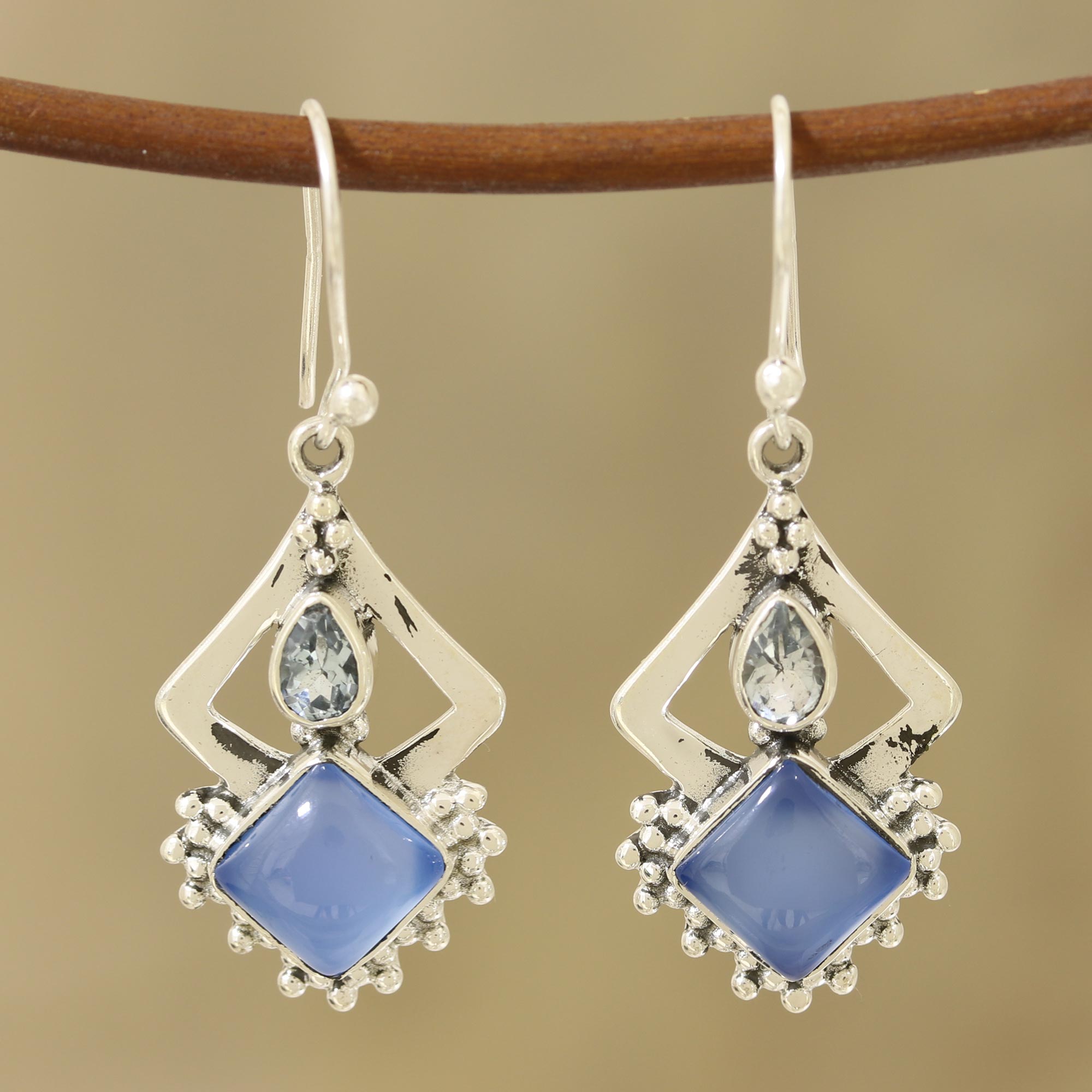 Premium Blue Chalcedony & Topaz Sterling Silver Dangle Earrings | Handcrafted in India