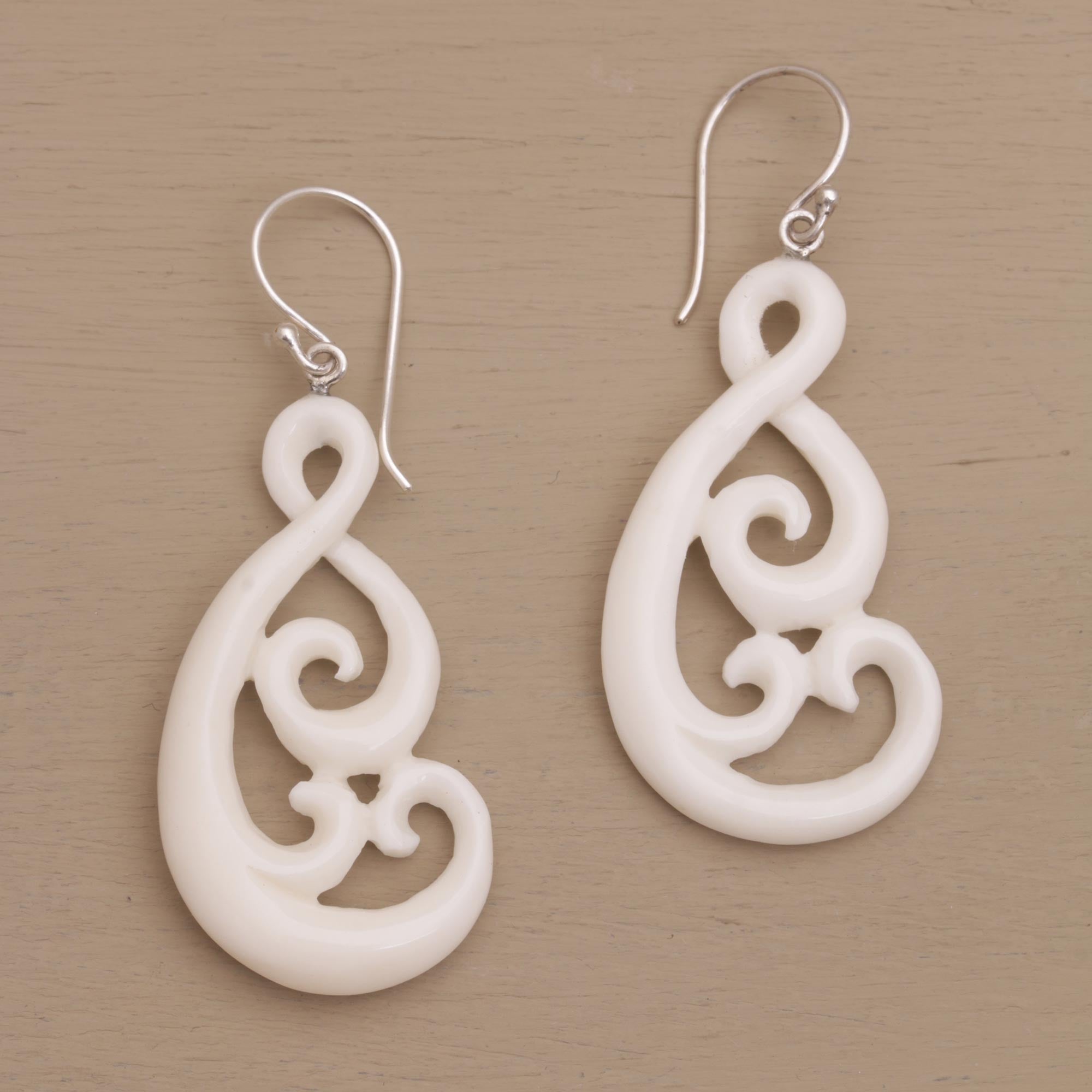 Premium Handcrafted Swirly Vines Bone Dangle Earrings from Bali