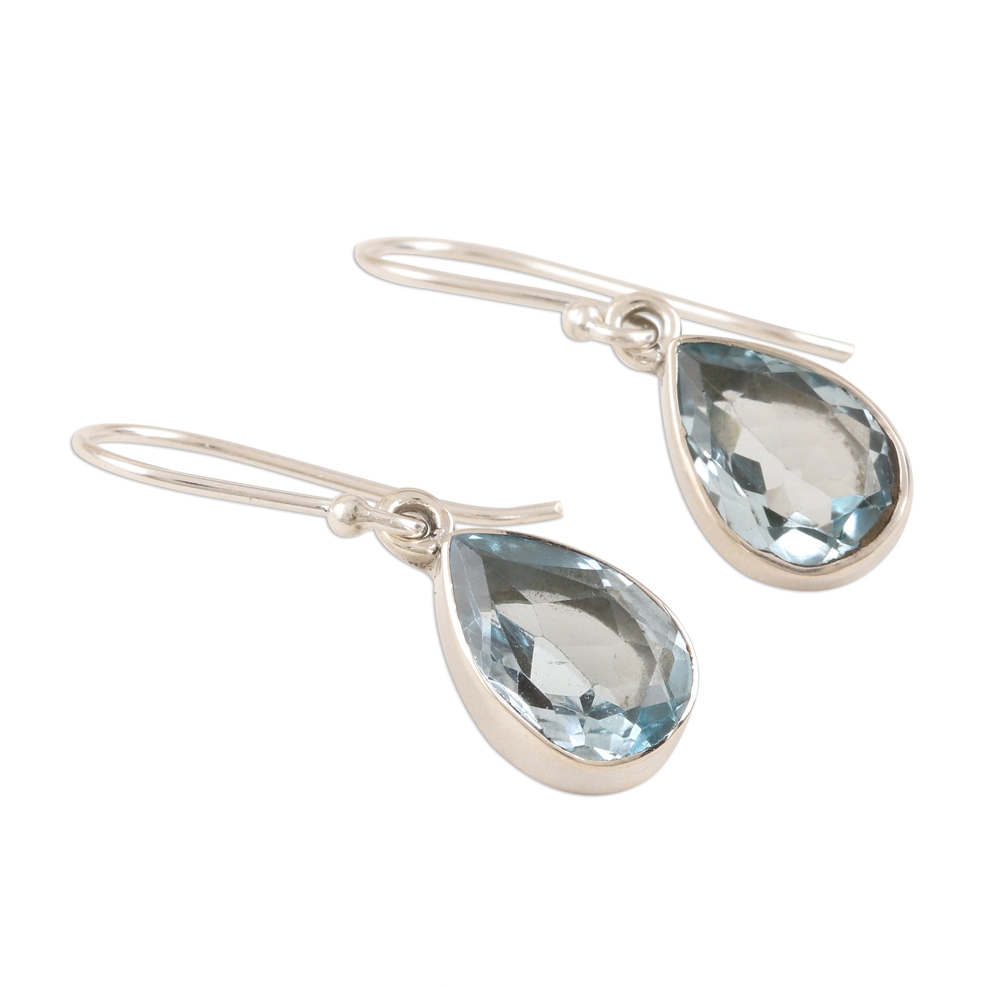 Premium Blue Droplets Teardrop Faceted Blue Topaz Silver Dangle Earrings