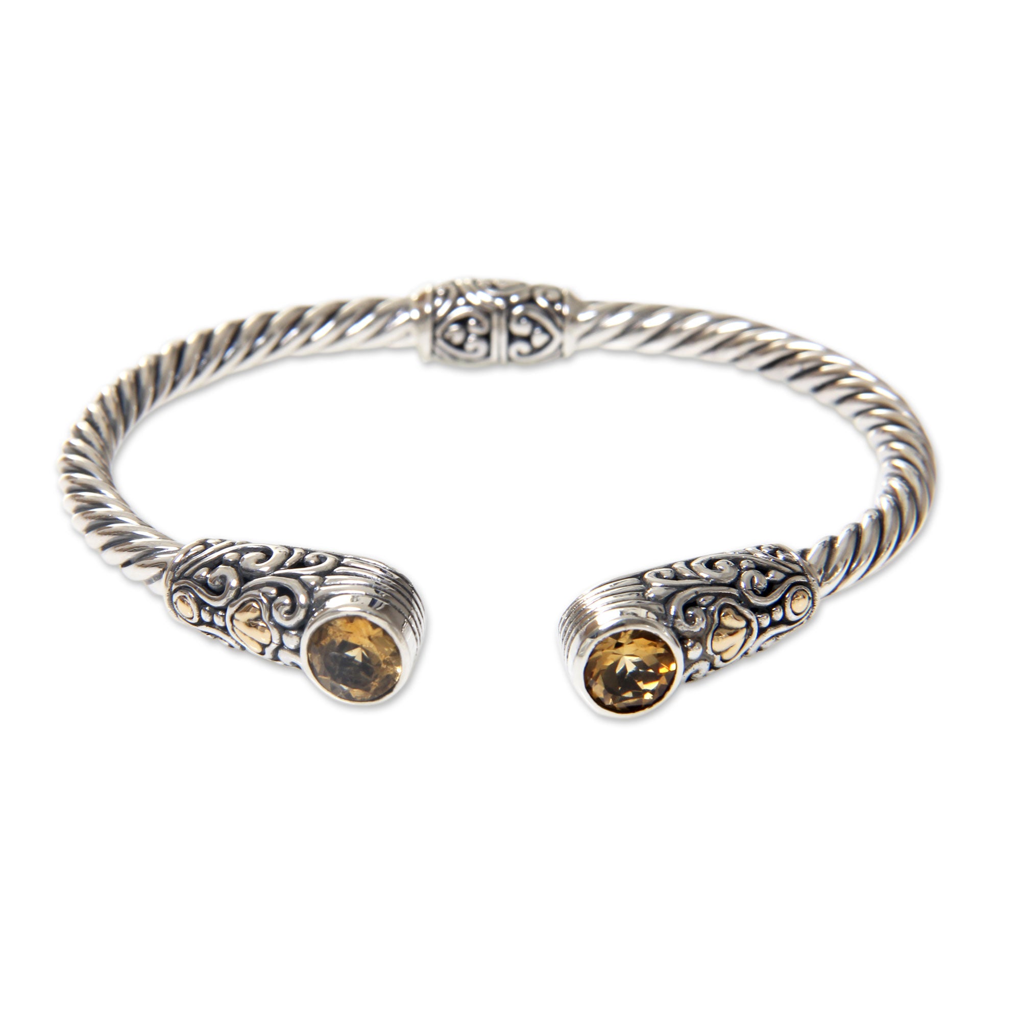 Premium Sukawati Sterling Silver Hinged Cuff Bracelet with Citrine & 18K Gold Accents