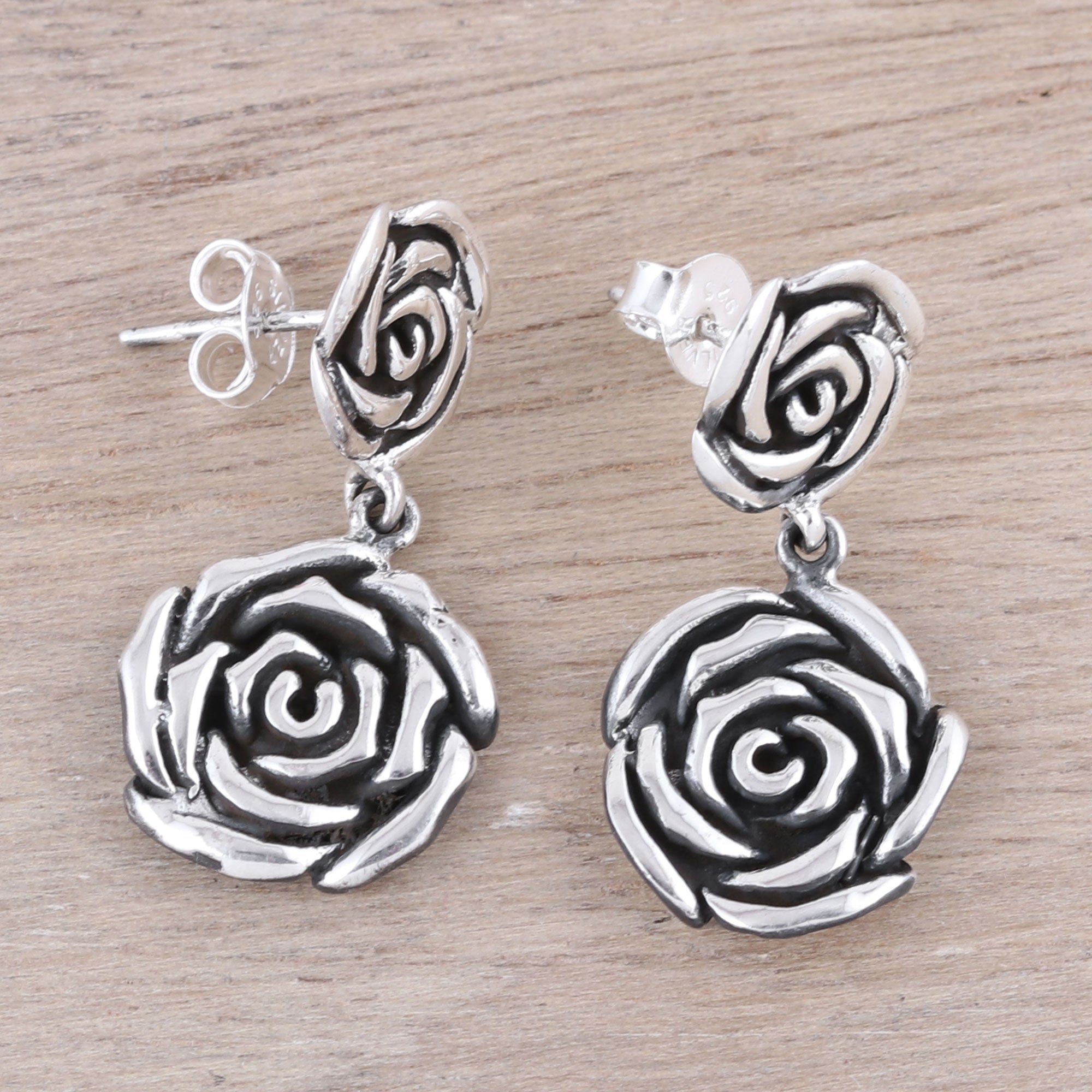 Premium Rose-Shaped Sterling Silver Dangle Earrings – Handcrafted in India