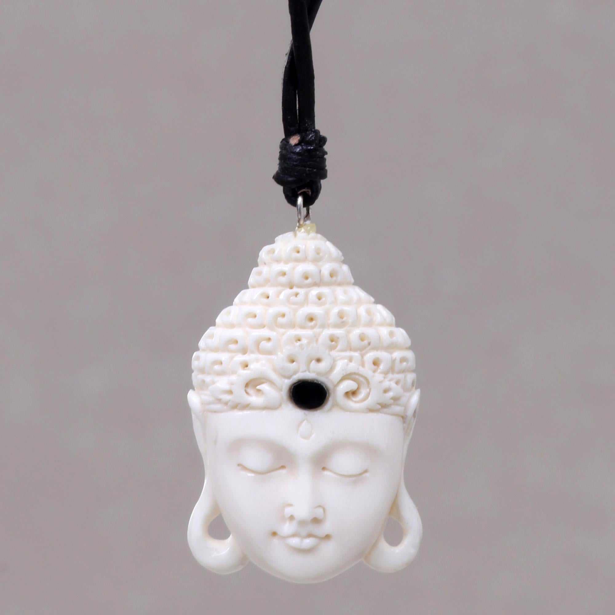 Premium White Buddha Head Bone Pendant Necklace - Handmade in Bali