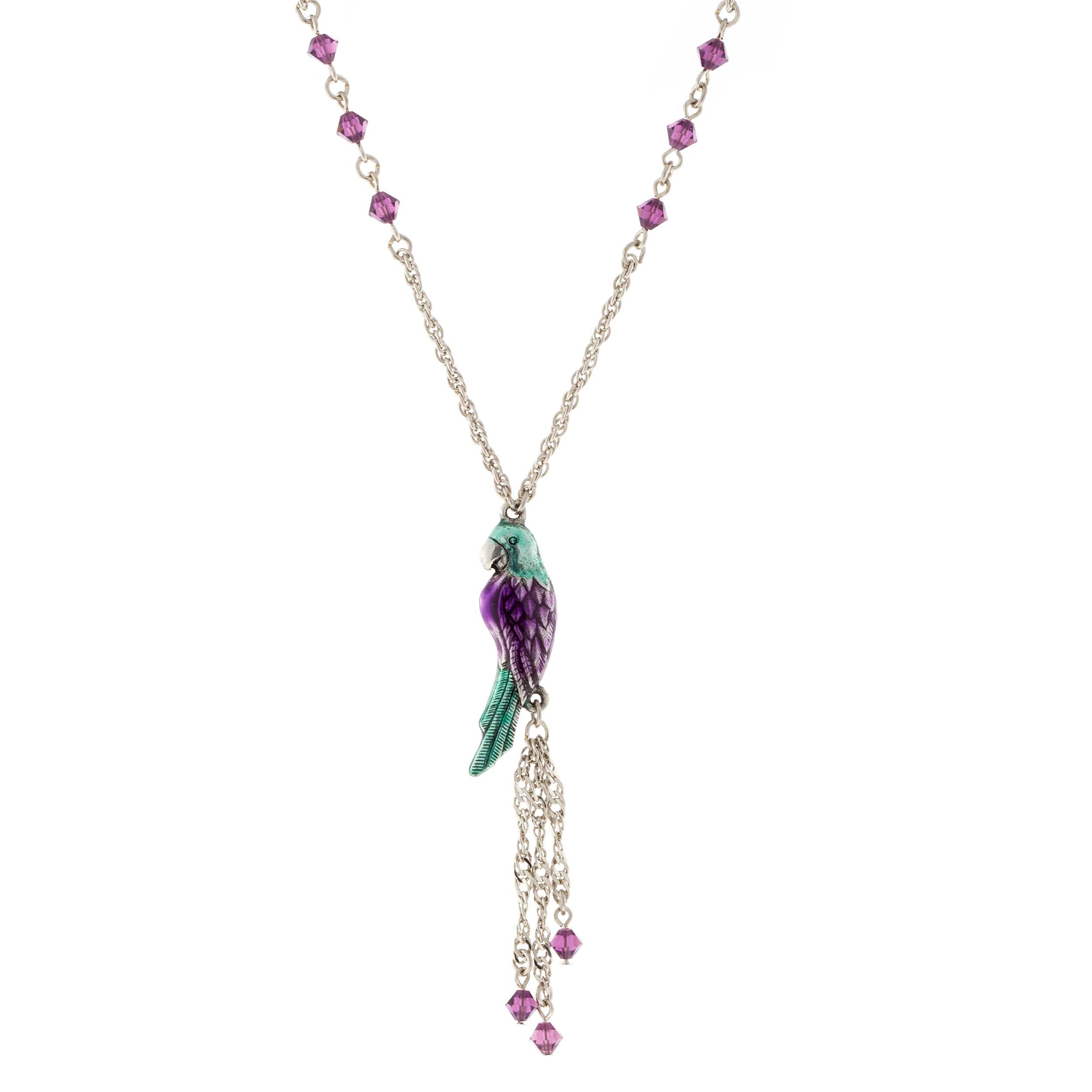 Premium 1928 Jewelry® Silver Tone Enamel Parrot Necklace with Purple Beads & Tassel Drop